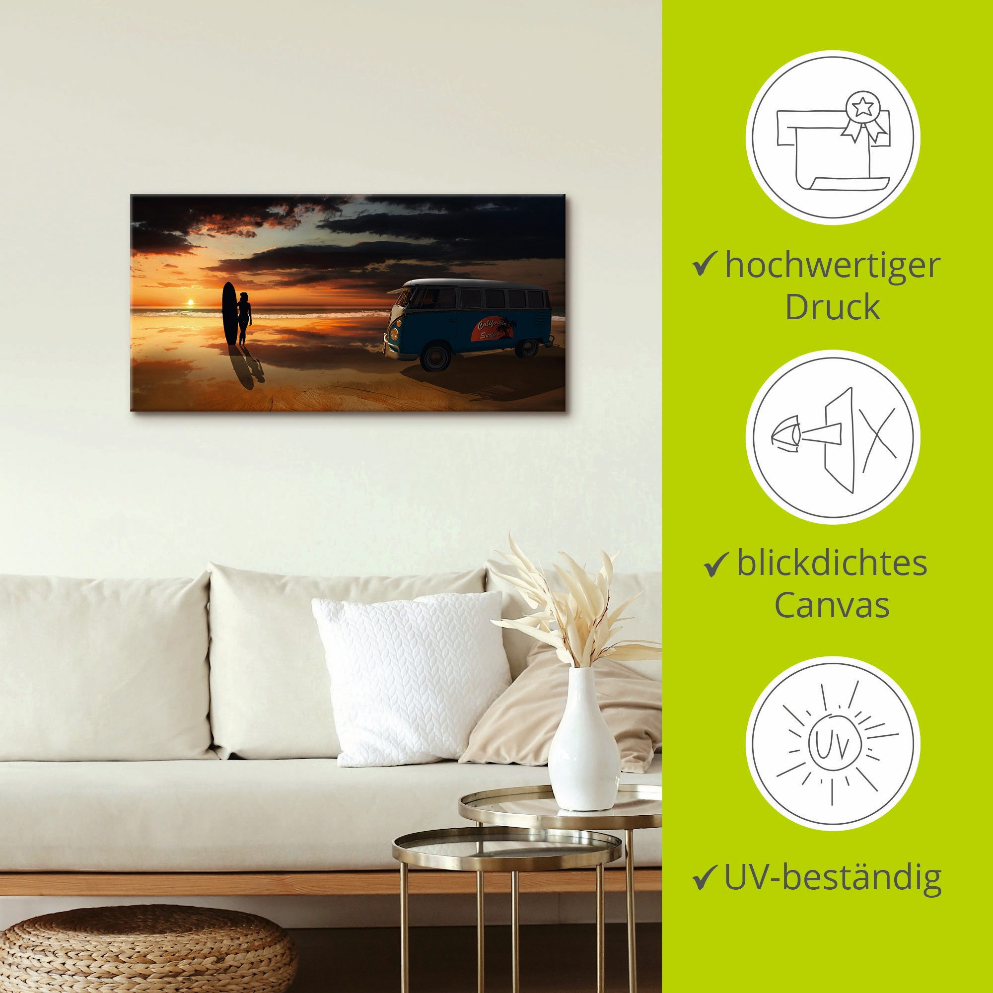 Artland Artprint Surfen in Californië met Bulli T1 als artprint van aluminium, artprint voor buiten, artprint op linnen, poster, muursticker