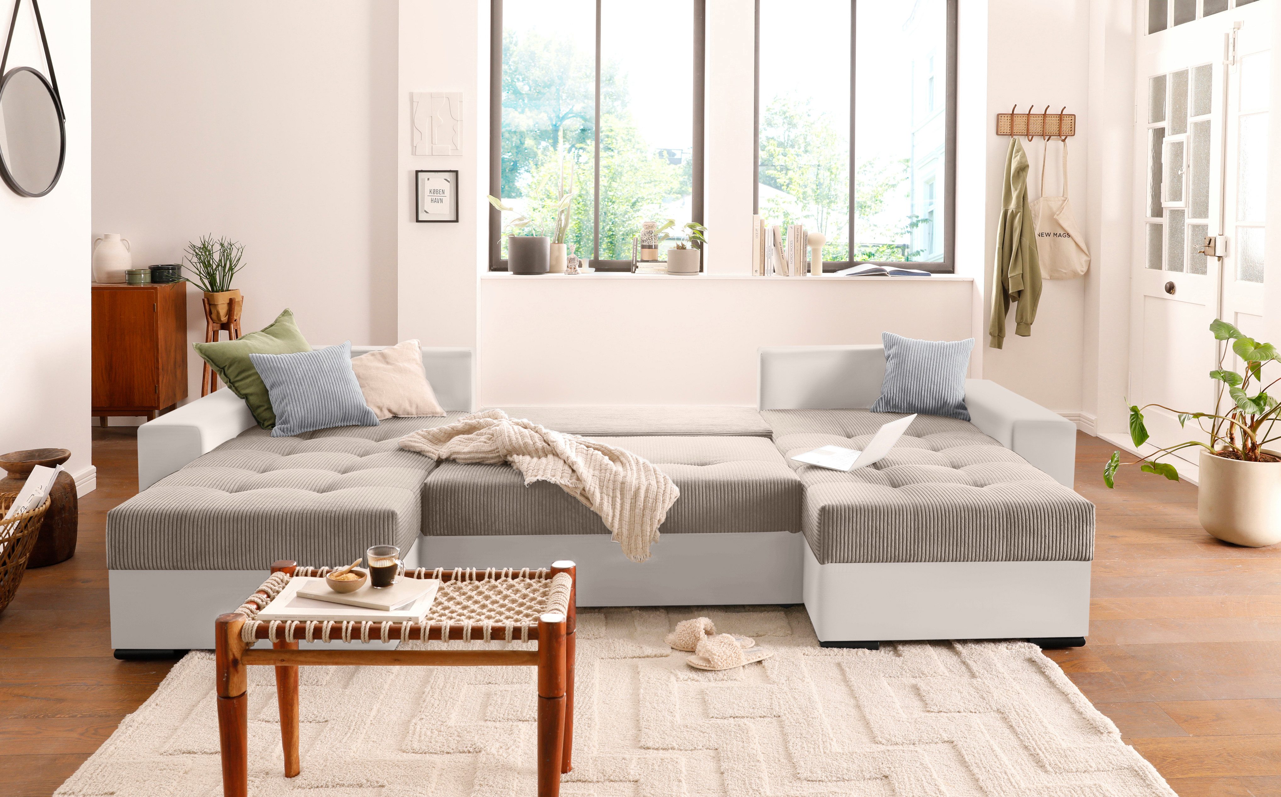 COLLECTION AB Zithoek XL-Josy U-vorm, breedte 313 cm, cord-/mix incl. bedfunctie, bedlade, met 4 gelijk grote rugkussens