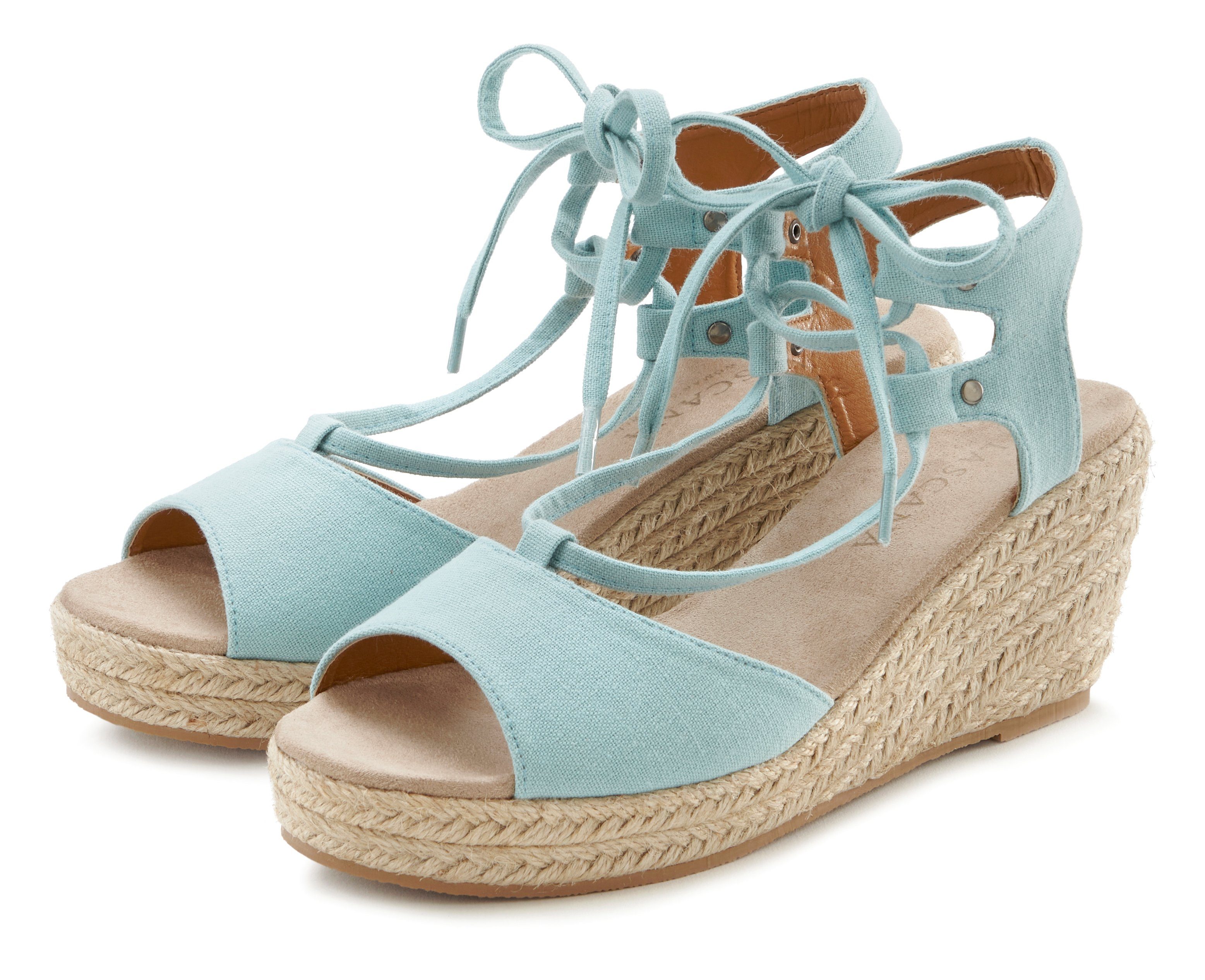 Lascana Sleehaksandaaltjes Sandalette, sandaal met sleehak, bamboe-look & veters VEGAN