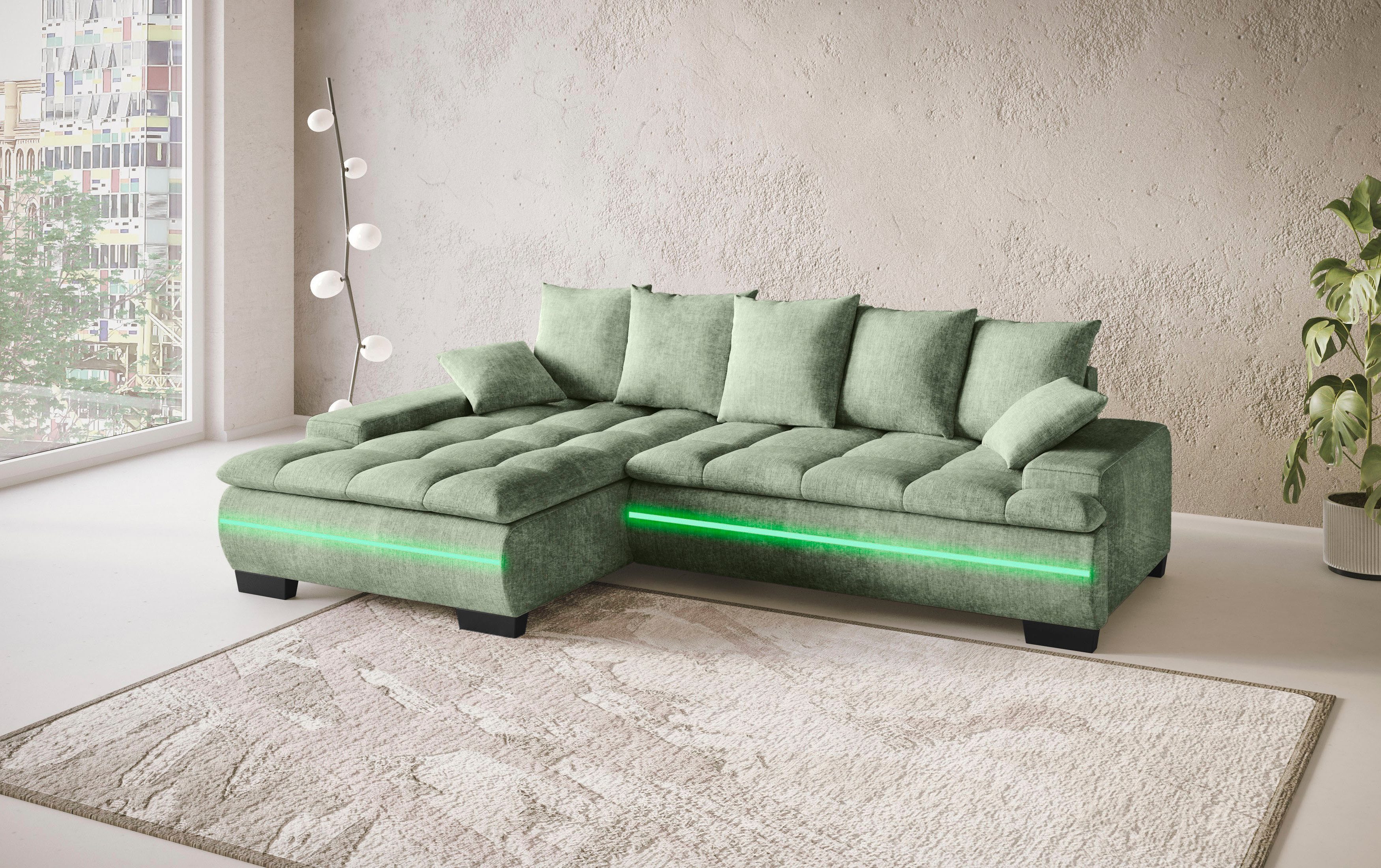 Mr. Couch Hoekbank Haiti II, L-vorm RGB-LED verlichting, optioneel met koudschuim, bed, bedlade