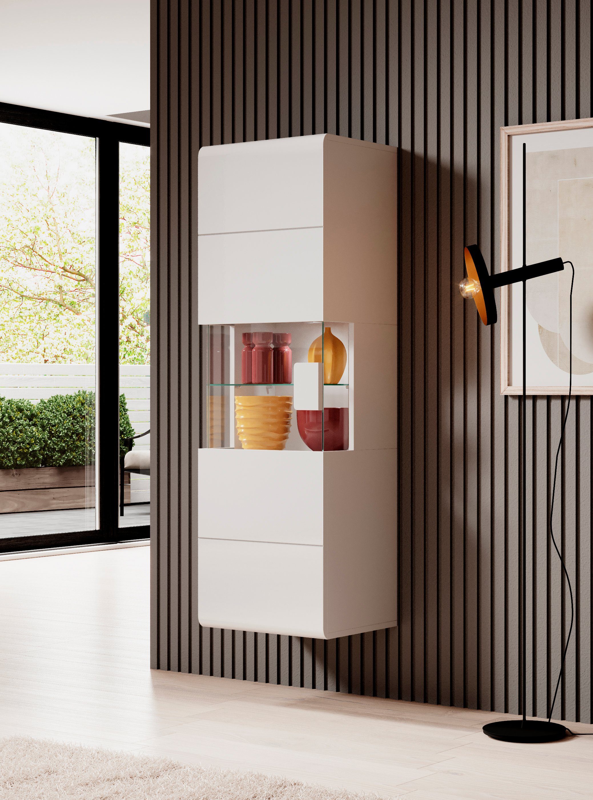INOSIGN Hangende vitrinekast Toledo, hoogte 159 cm trendy glazen vitrine met decoratieve MDF-front Vitrine met glazen front, zonder verlichting, veel opbergruimte, hoogglans