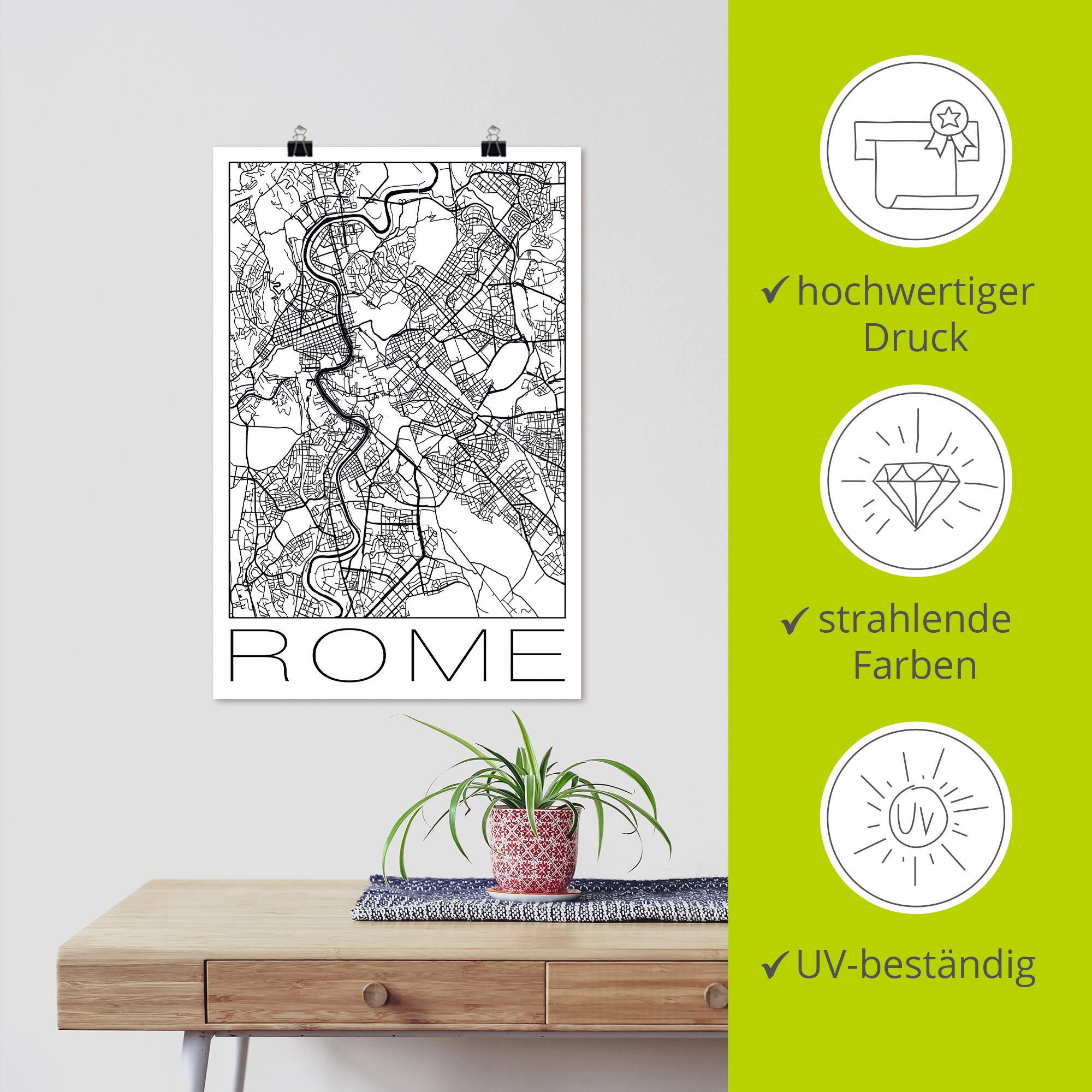 Artland Poster Retro kaart Rome Italië zwart & wit als artprint van aluminium, artprint op linnen, muursticker of poster in verschillende maten