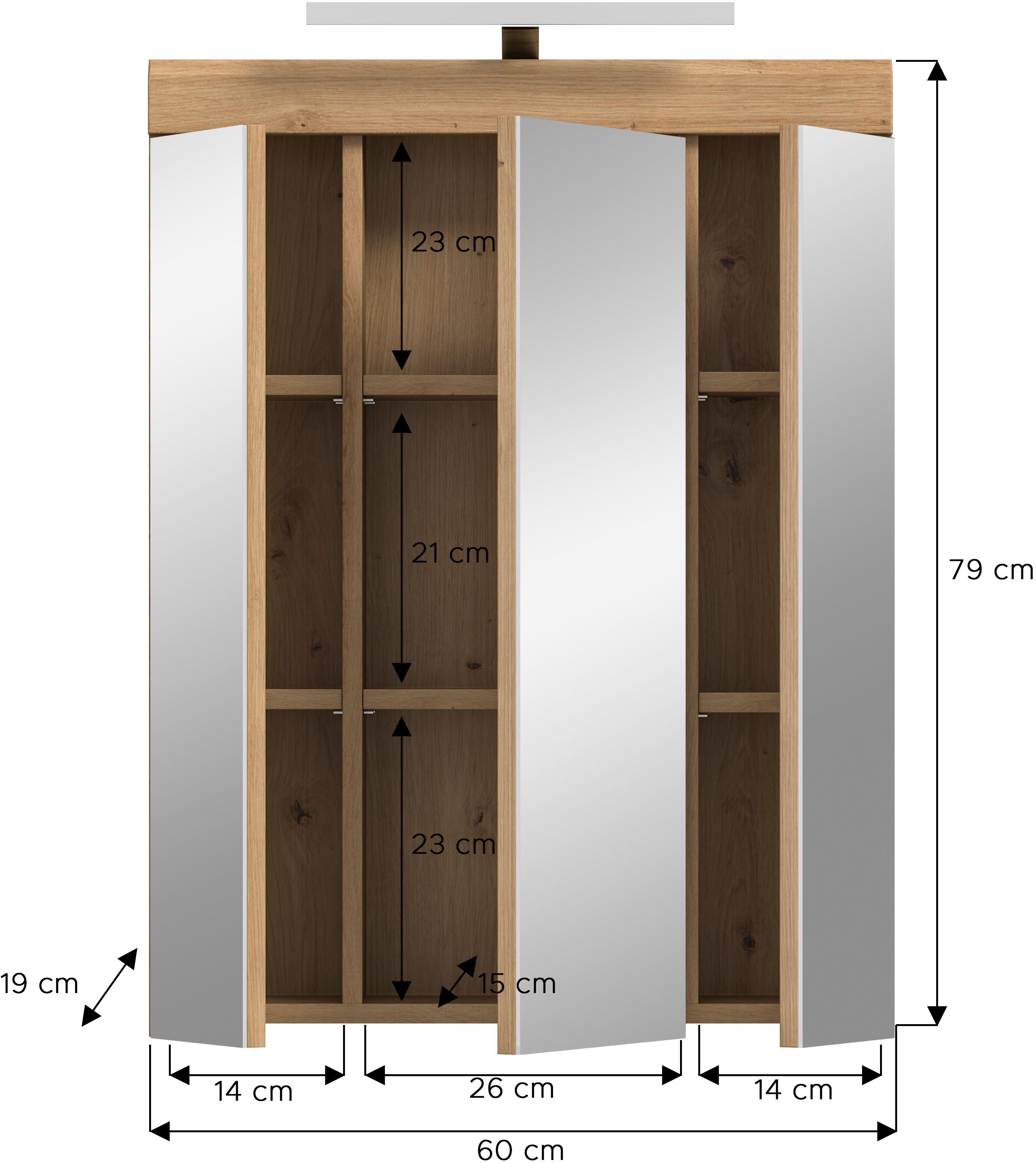 INOSIGN Spiegelkast Siena, breedte 60 cm, incl. verlichting, 3 spiegelt deuren, 9 vakken in verschillende kleuren verkrijgbaar, badkamermeubels, spiegel, badkamerkast, badkamer (set)