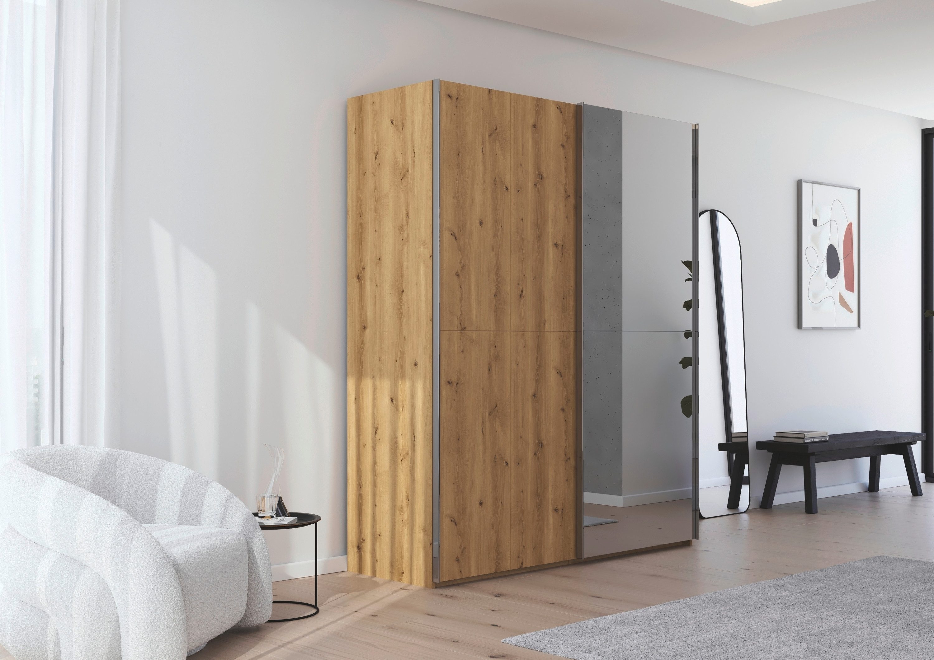rauch Schuifdeurkast Kledingkast kast garderobe slaapkamerkast SCALE-WOOD edel gesplitste front in massief takken eiken met spiegel made in germany