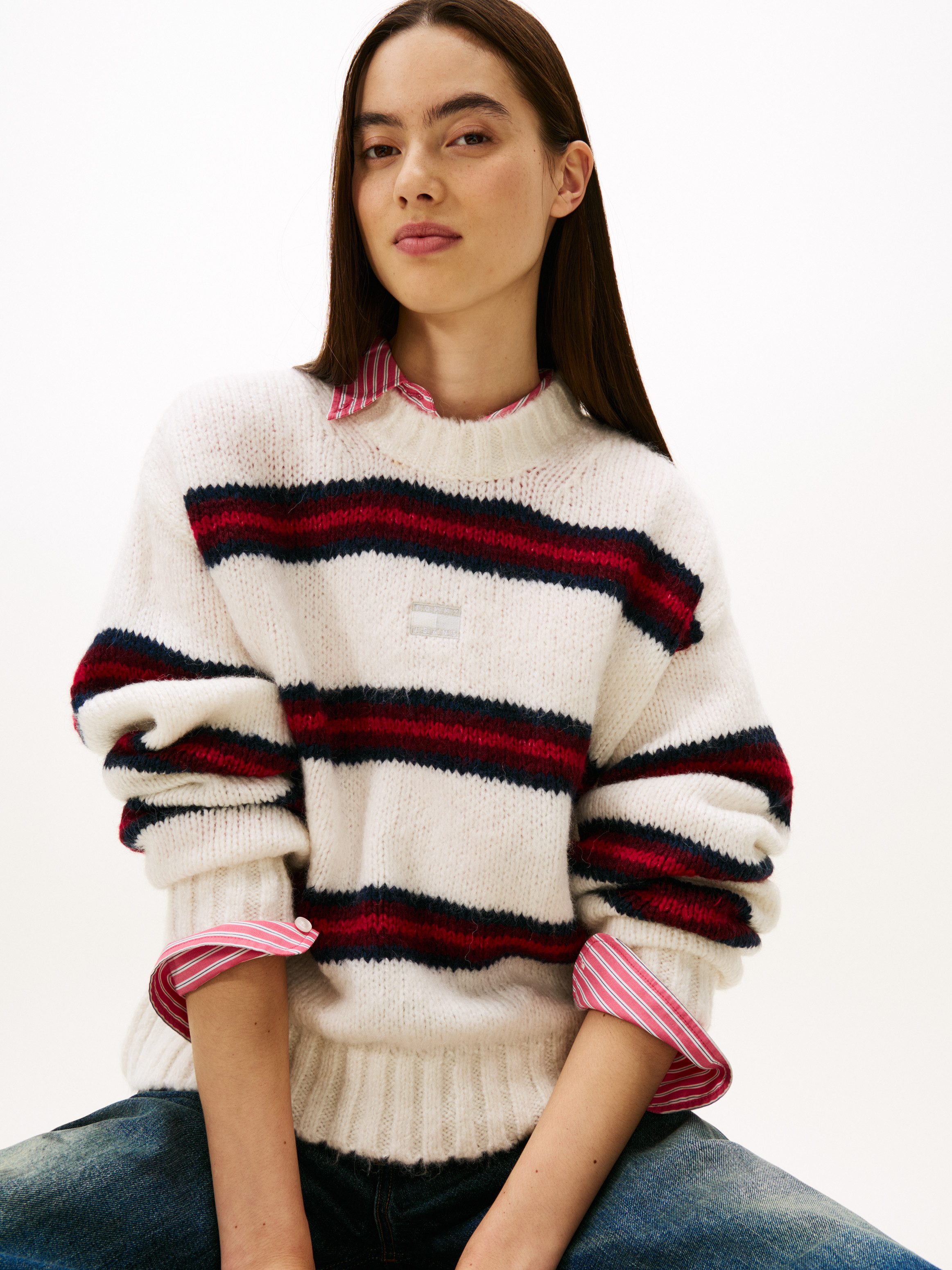 TOMMY JEANS Trui met ronde hals TJW BADGE STRIPE FLUFFY SWEATER