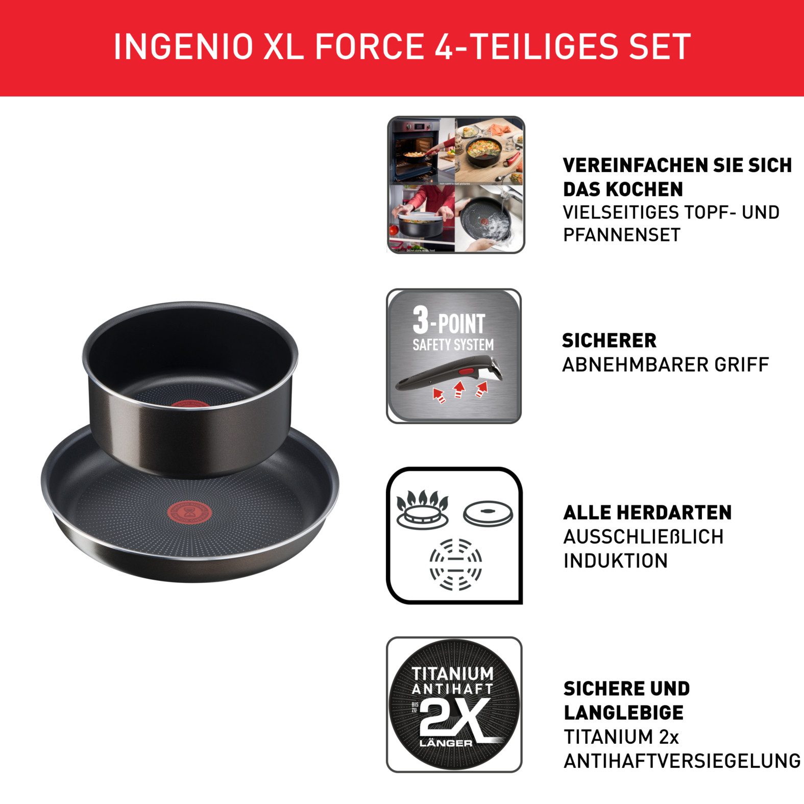 Tefal Pannenset L15890 Ingenio XL Force, kookpan set niet inductiegeschikt Anti-aanbakcoating, thermo-signaal bij ideale baktemperatuur (set, 4-delig)