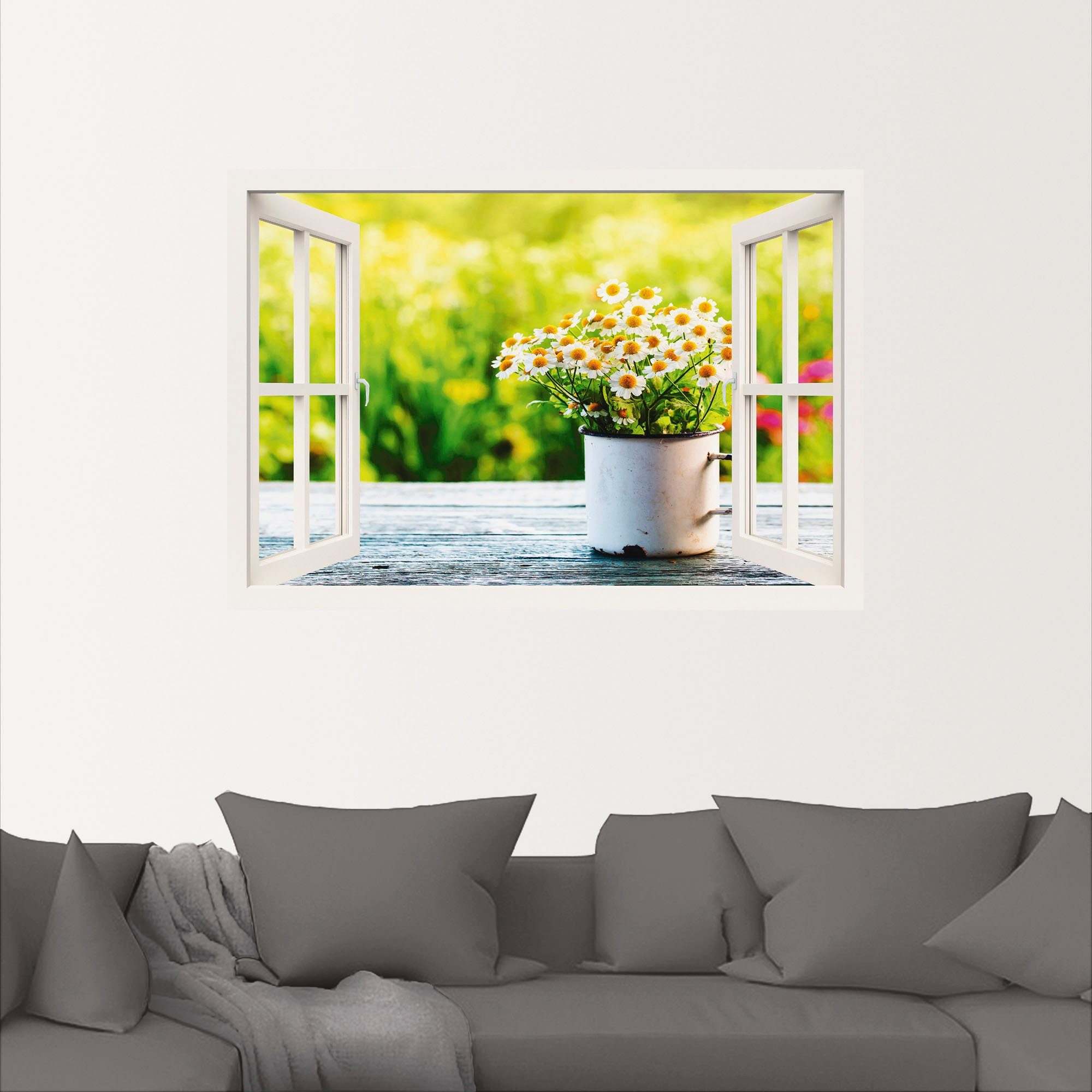 Artland Artprint Blik uit het venster tuin met madeliefje als artprint van aluminium, artprint op linnen, muursticker, verschillende maten
