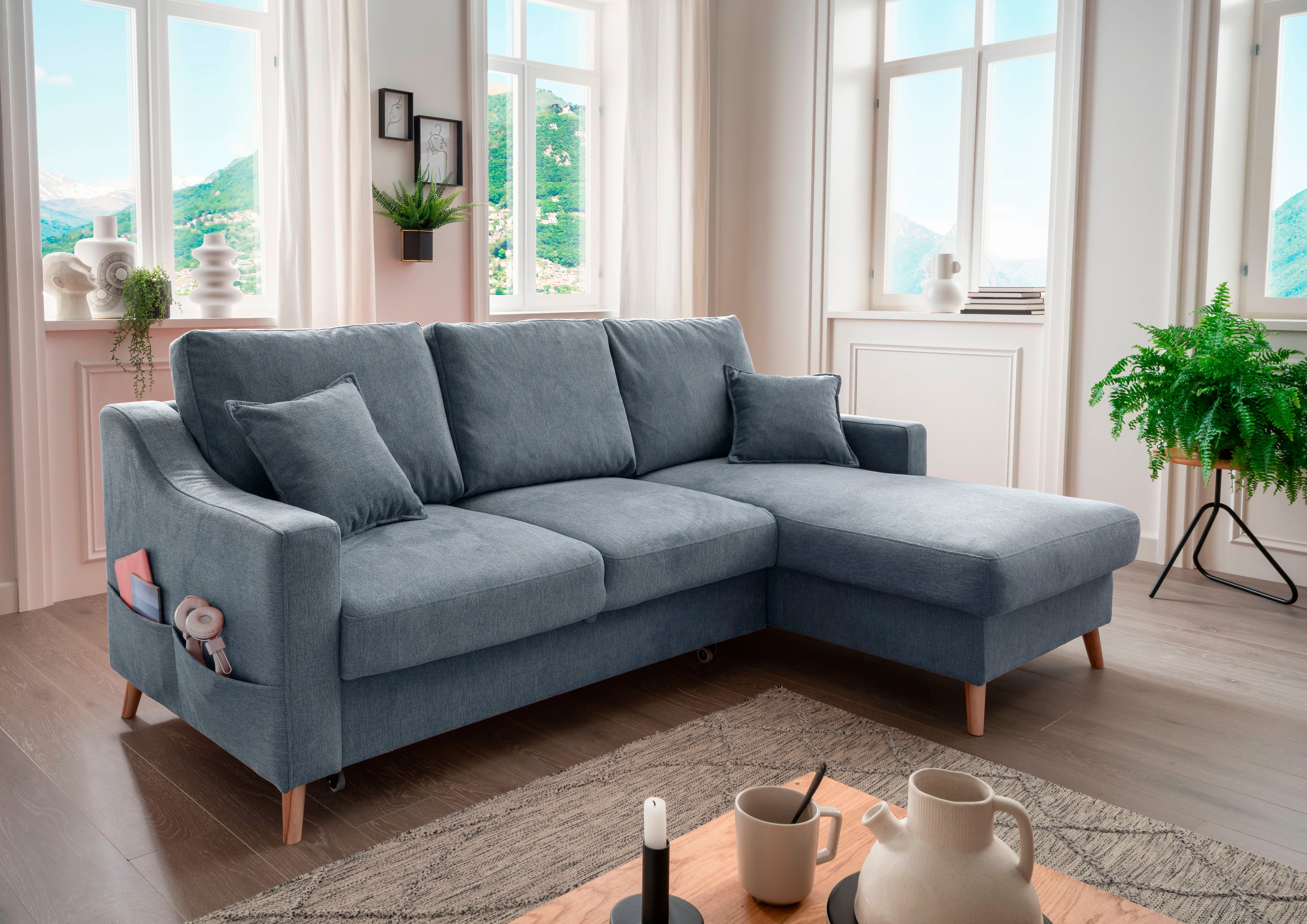 INOSIGN Hoekbank Valentina L-vorm 2 sierkussens, met zijvak, uittrekbare matrasbodem, bedbox blauw, hoekbanken, Breedte ligoppervlak: 130 cm, Lengte