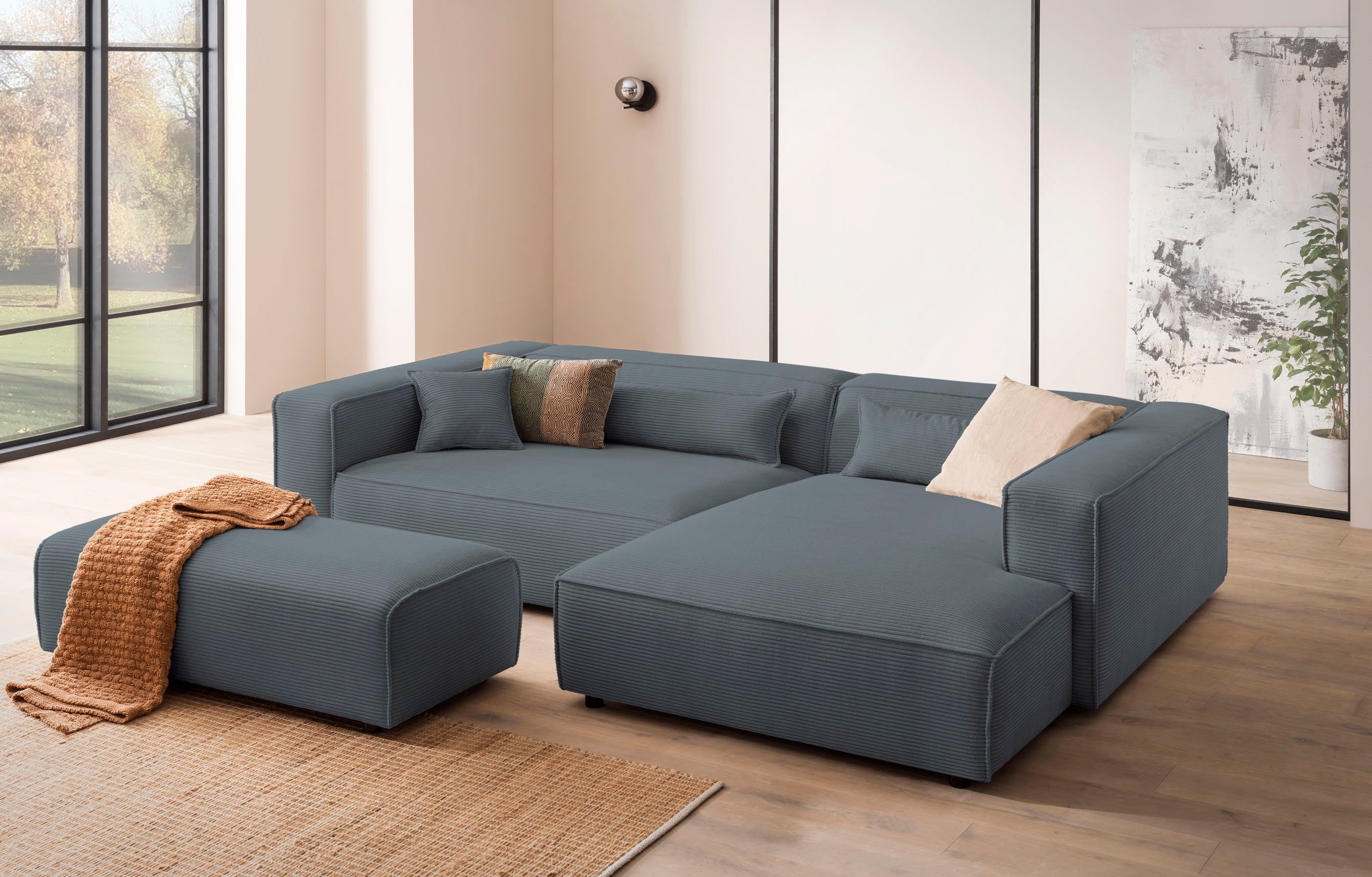 LeGer Home by Lena Gercke Hocker PIARA, poef met biesnaad in cord of linnenlook bij de serie piara, rechthoekig, zwarte voeten, comfortabel zitcomfort