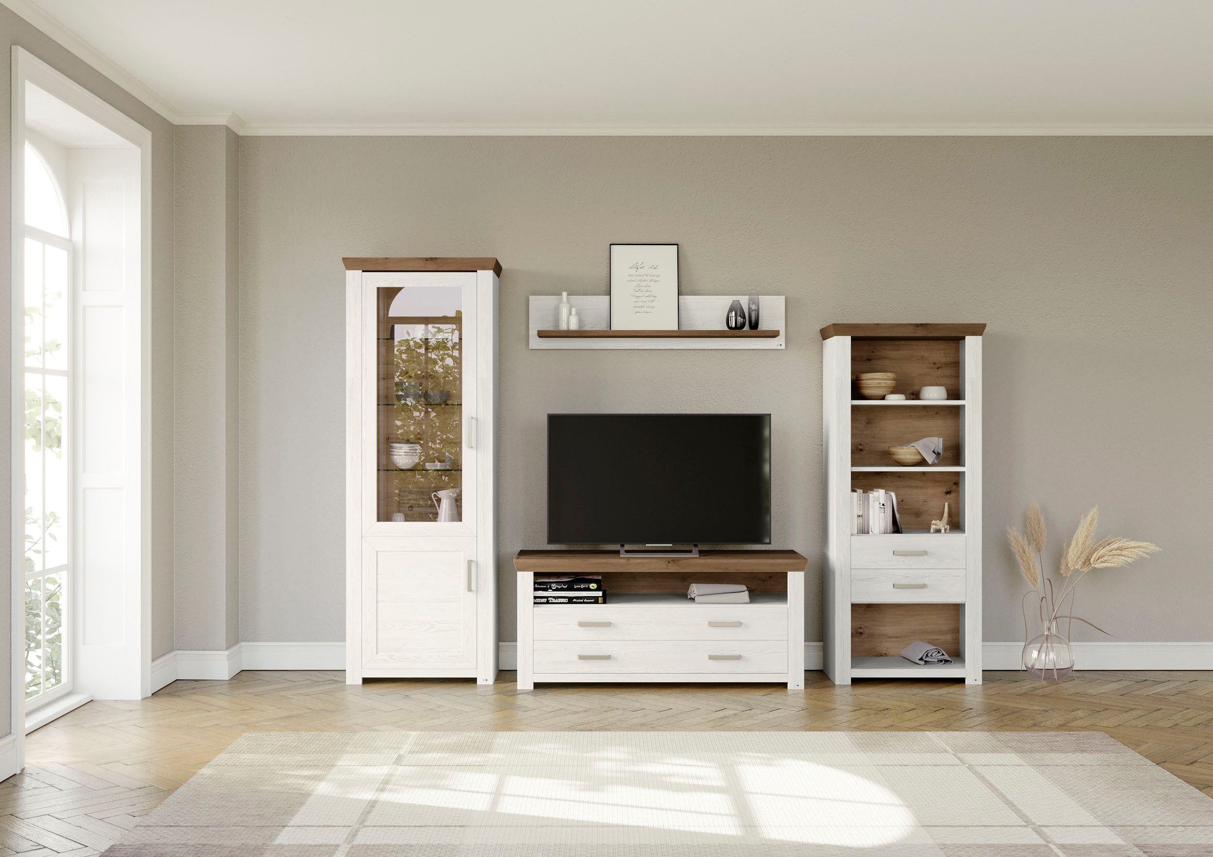 set one by Musterring Wandmeubel York Combinatie 04, in 3 kleurvarianten, totale breedte 310 cm (4-delig) tv-wandmeubels wit