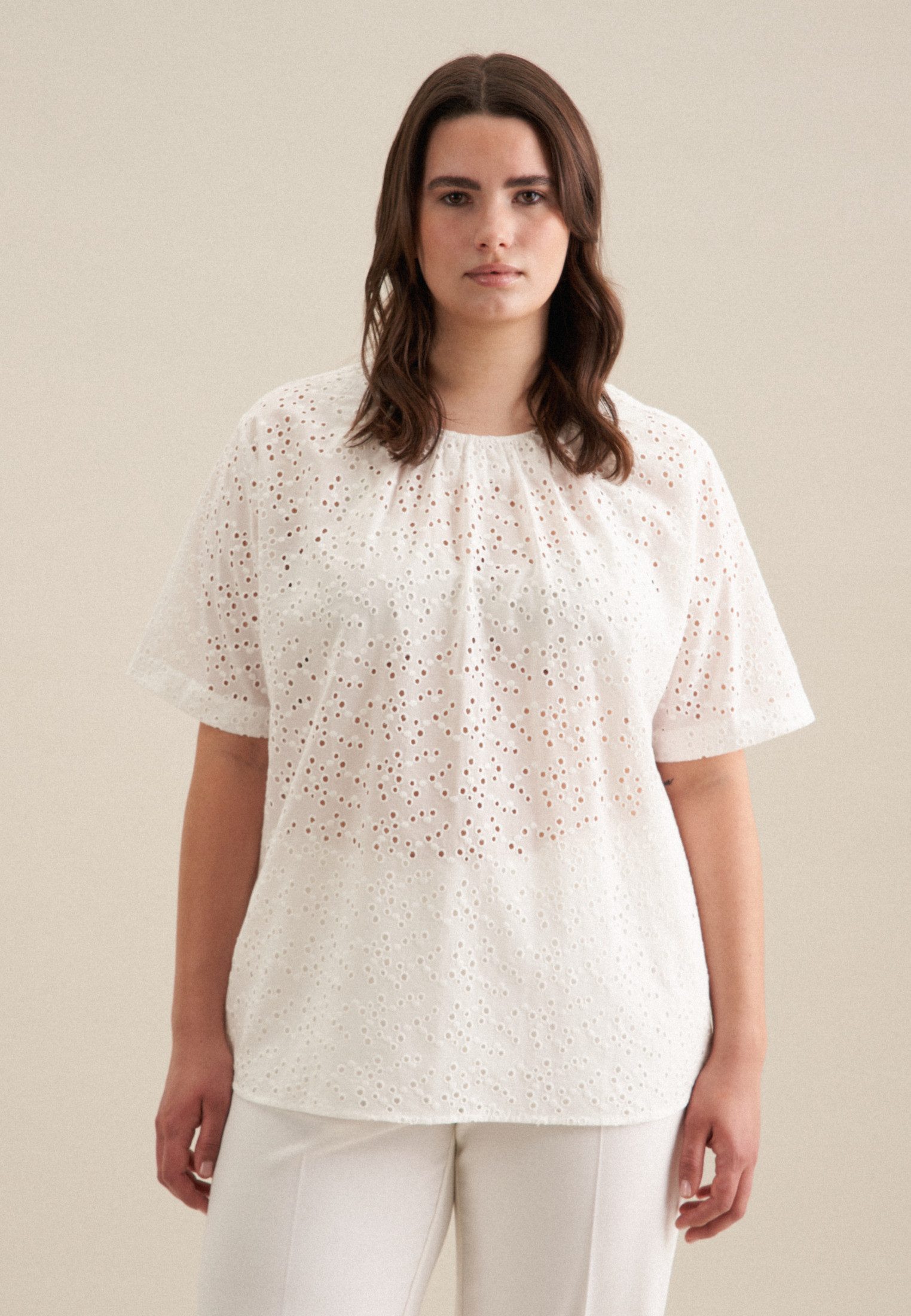 Seidensticker Overhemdblouse Zwarte roos Korte mouwen ronde hals borduursel