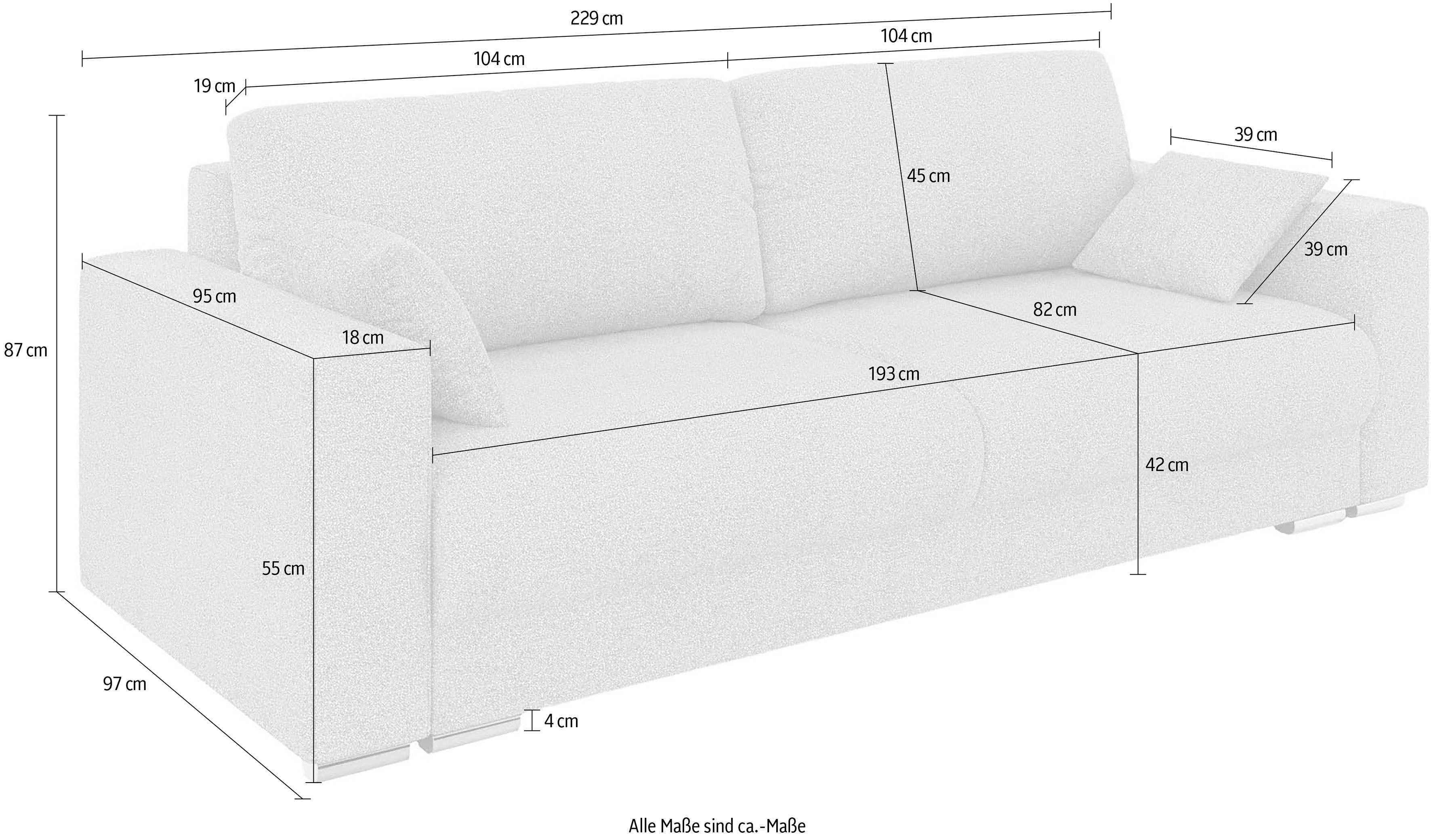 INOSIGN 3-zitsbank Stevinson slaapbank met bedlade, afmetingen B/H/D: 229/87/97 cm