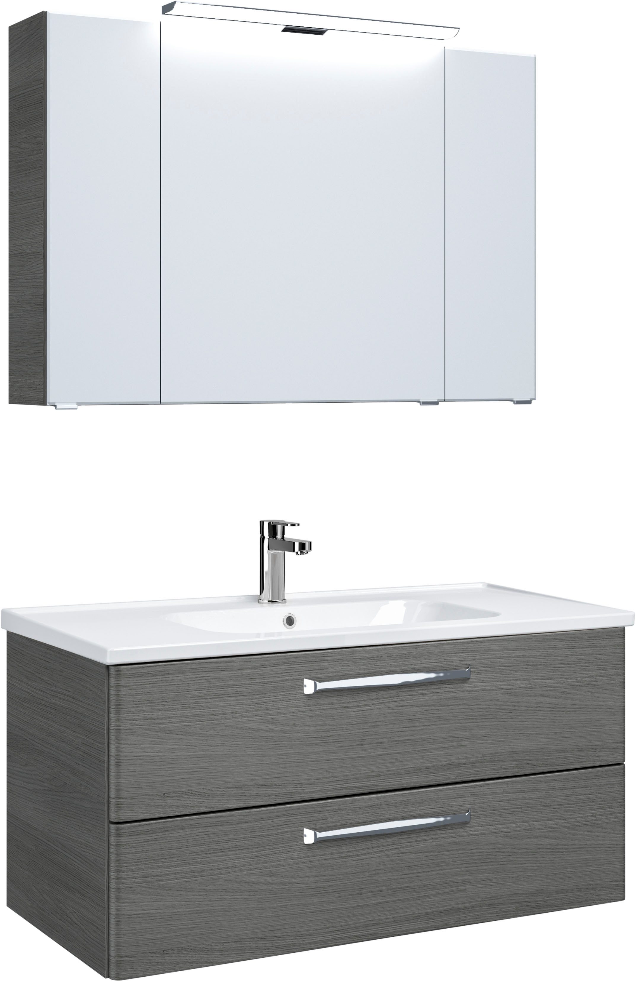 Saphir Badmeubelset Trentino 2-delig keramische wasbak, spiegelkast met LED-lamp Badkamermeubel-set 109cm breed, incl. deurdemper, 3 deuren, 2 lades