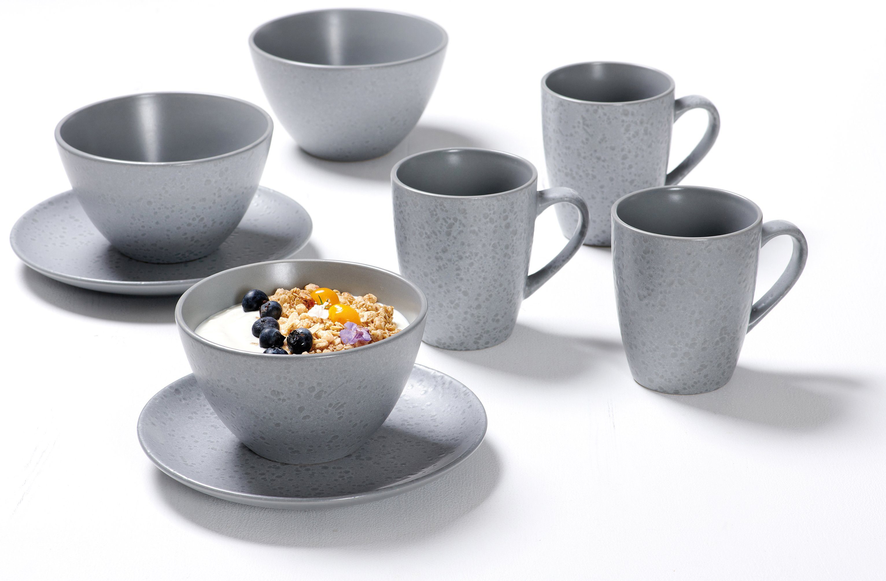 Ritzenhoff & Breker Ontbijtserviesset Servies, Kitwe (bord, schaal, koffiebeker) Reactief glazuur, elk exemplaar is uniek, 12 delen, voor 4 personen (set, 12-delig)