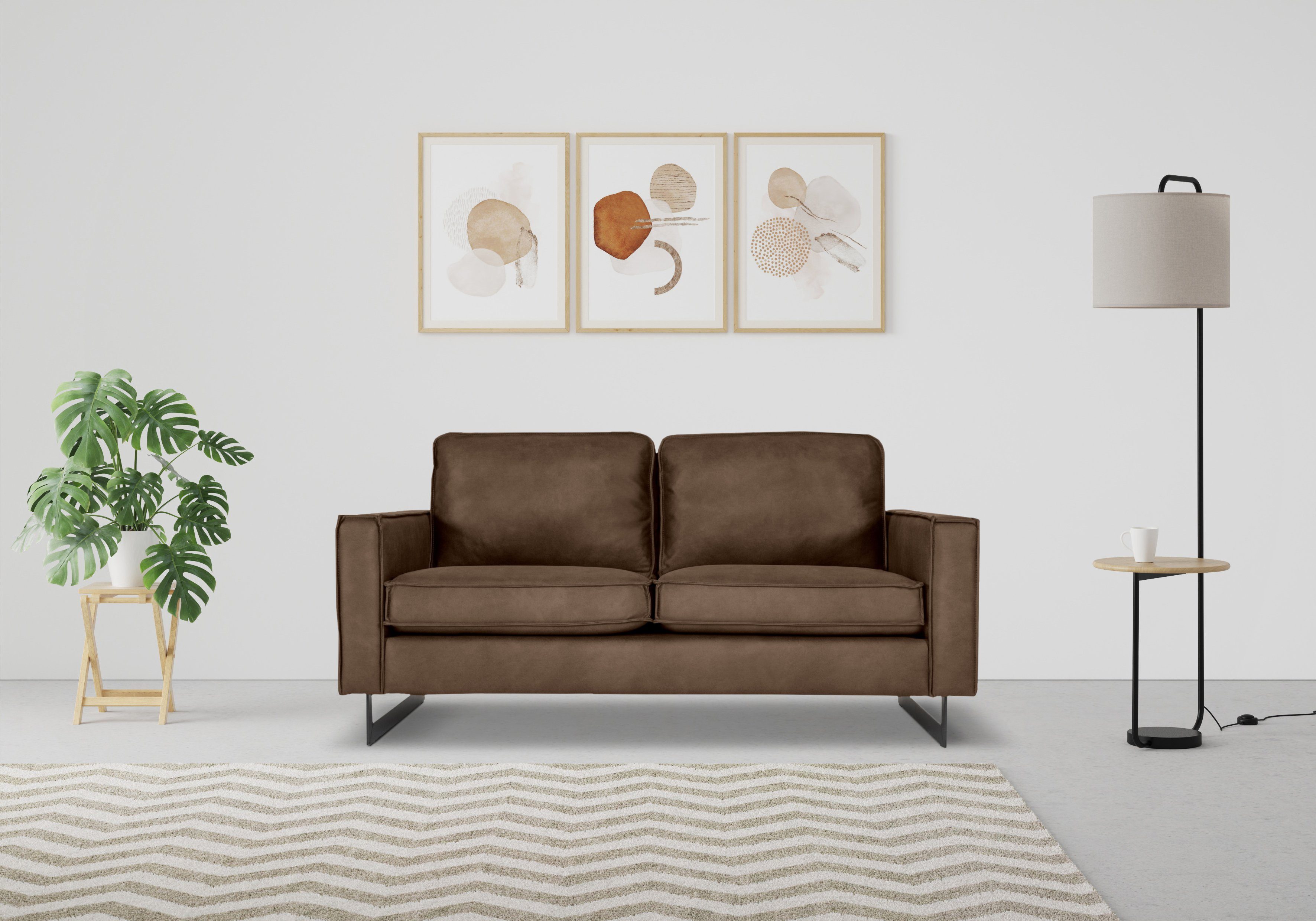 Places of Style 2-zitsbank Pinto, 166 cm, cord, chenille, leerlook met keder, zwarte metalen voeten, golfondersteuning