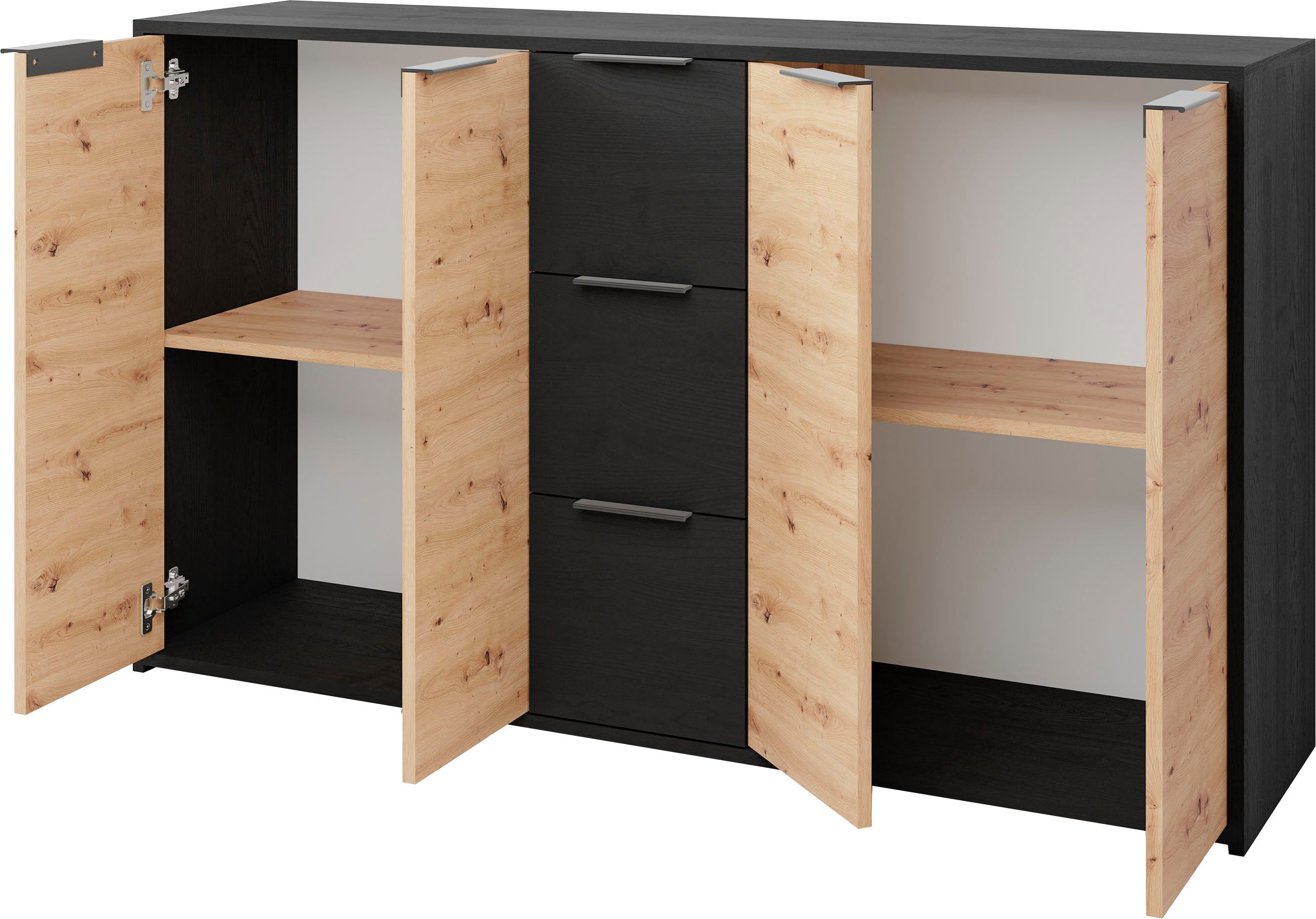 byLIVING Dressoir Rimini Melamine eiken zwart en artisan eiken, 3 lades, 4 deuren