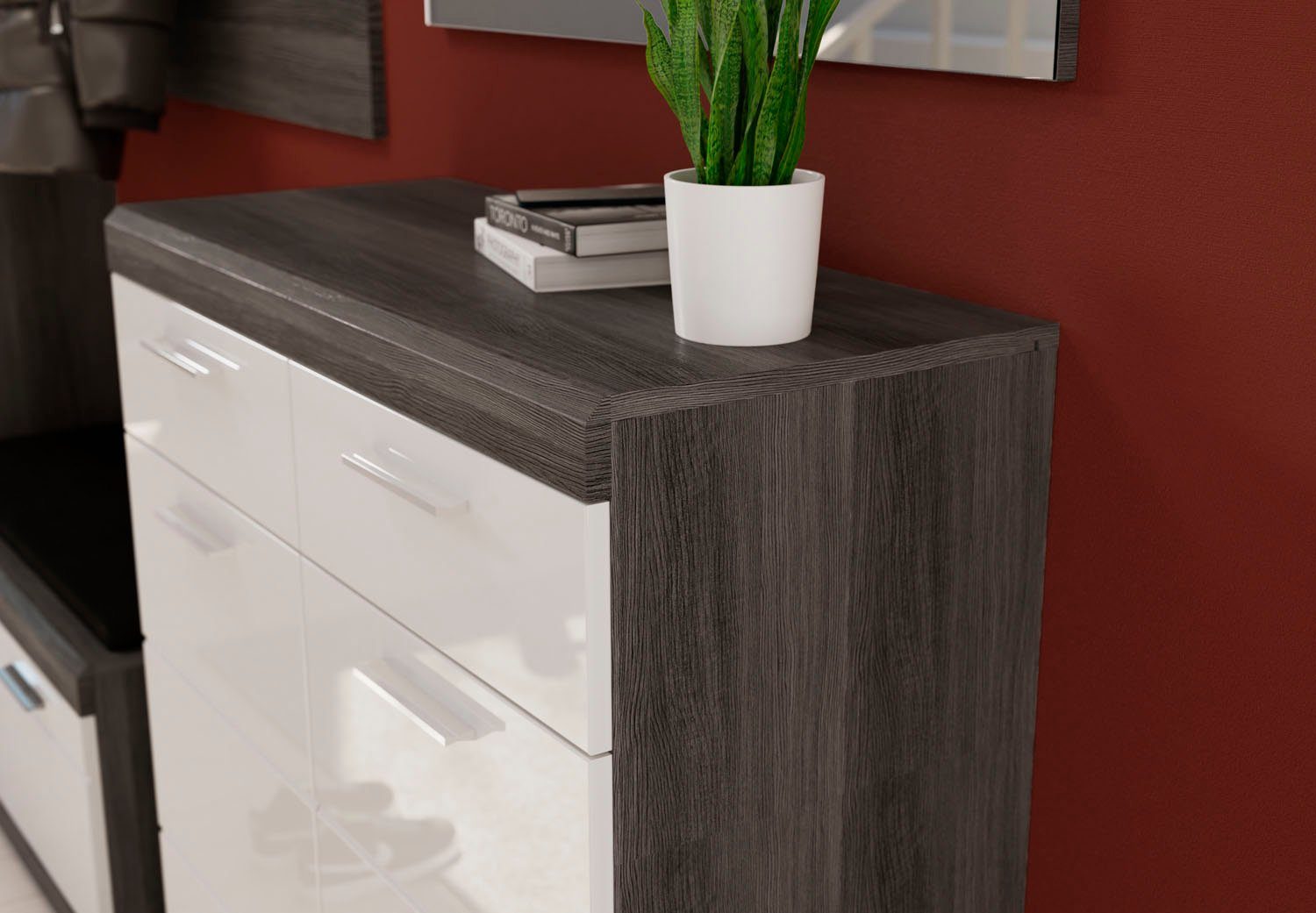 INOSIGN Schoenenkast Siena, Breedte 90 cm, 2 Deuren, 2 Planken, 3 Vakken, 2 Lades Front-groeffreesing, schoenenkommode, commode, buffetkast, sideboard