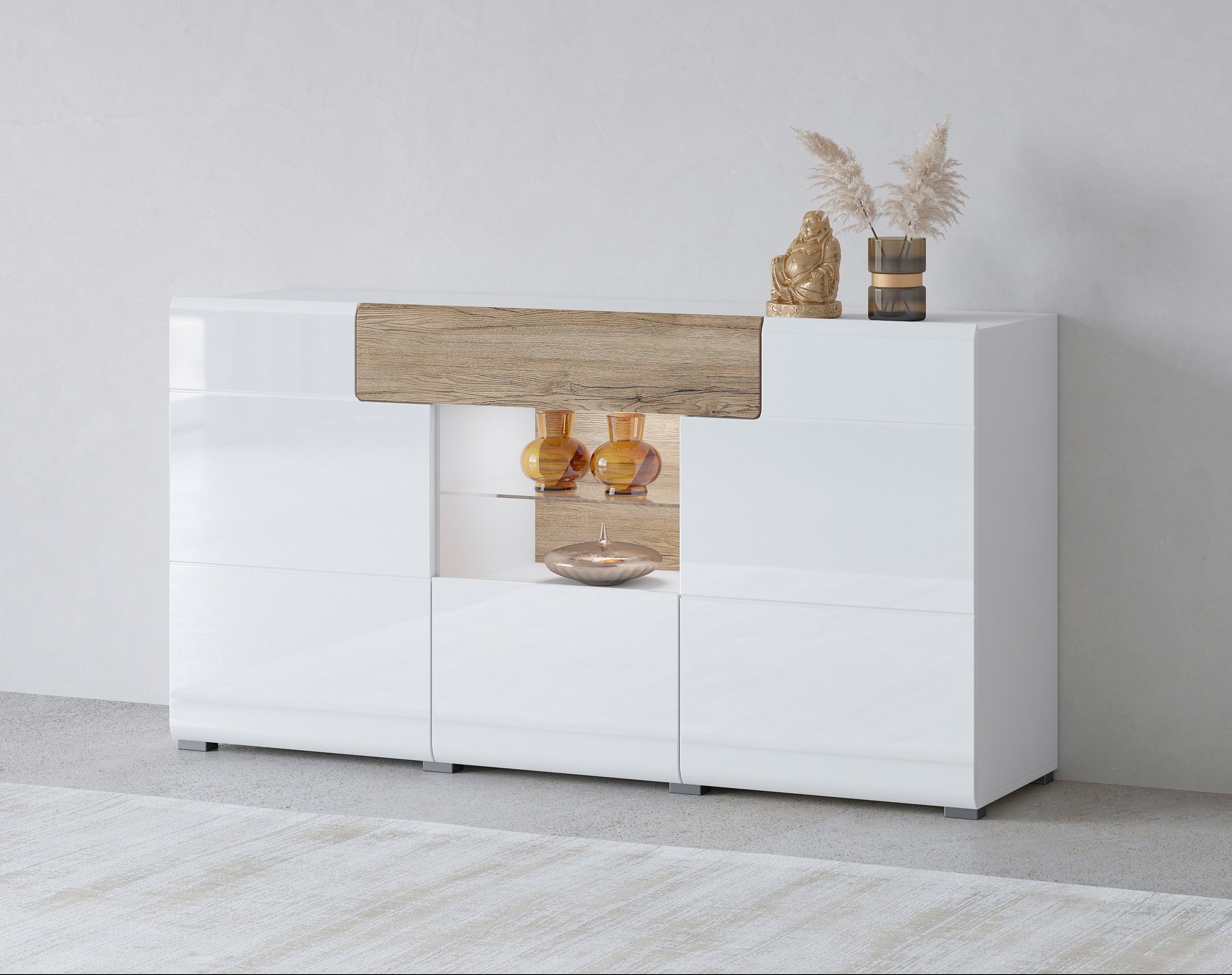 INOSIGN Dressoir Toledo, breedte 159 cm, moderne sidetable met decoratief freeswerk, greeploos dressoirs wit