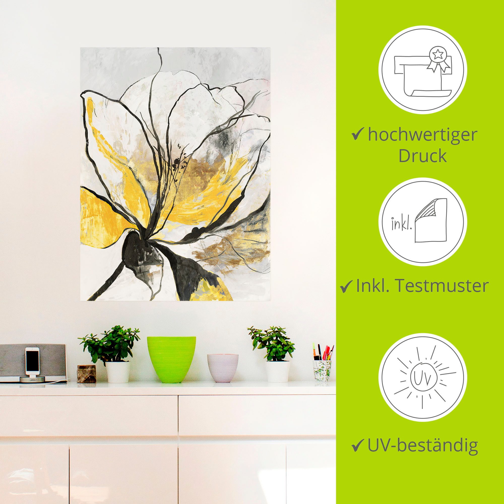 Artland Artprint Geschetst bloemdessin I gele versie als artprint van aluminium, artprint voor buiten, artprint op linnen, poster, muursticker