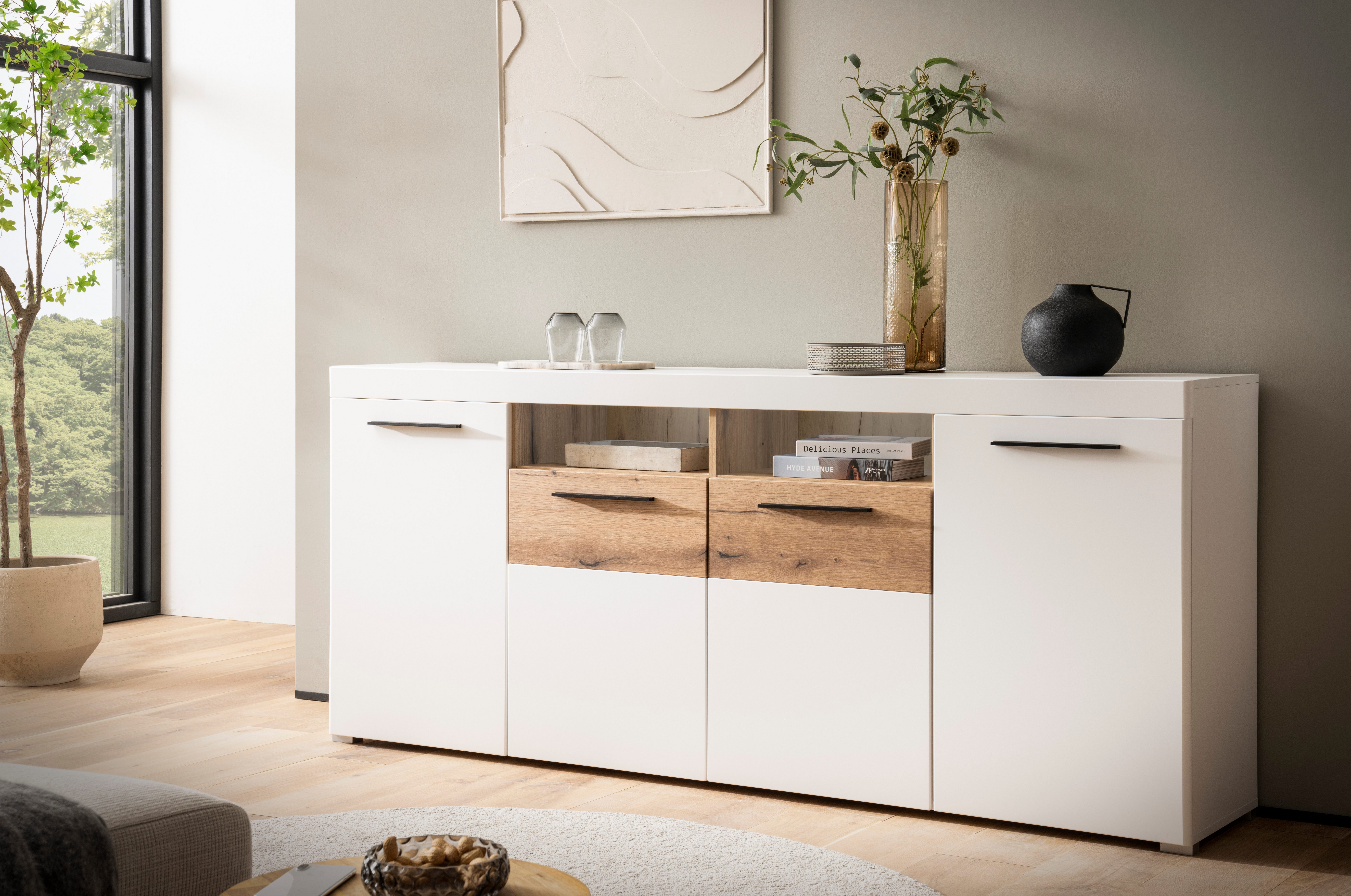 INOSIGN Dressoir Salerno, moderne kast, Highboard in Wit met Eik Evoke Decor Metalen handgrepen, voldoende opbergruimte, veelzijdig inzetbaar, 205 cm breed