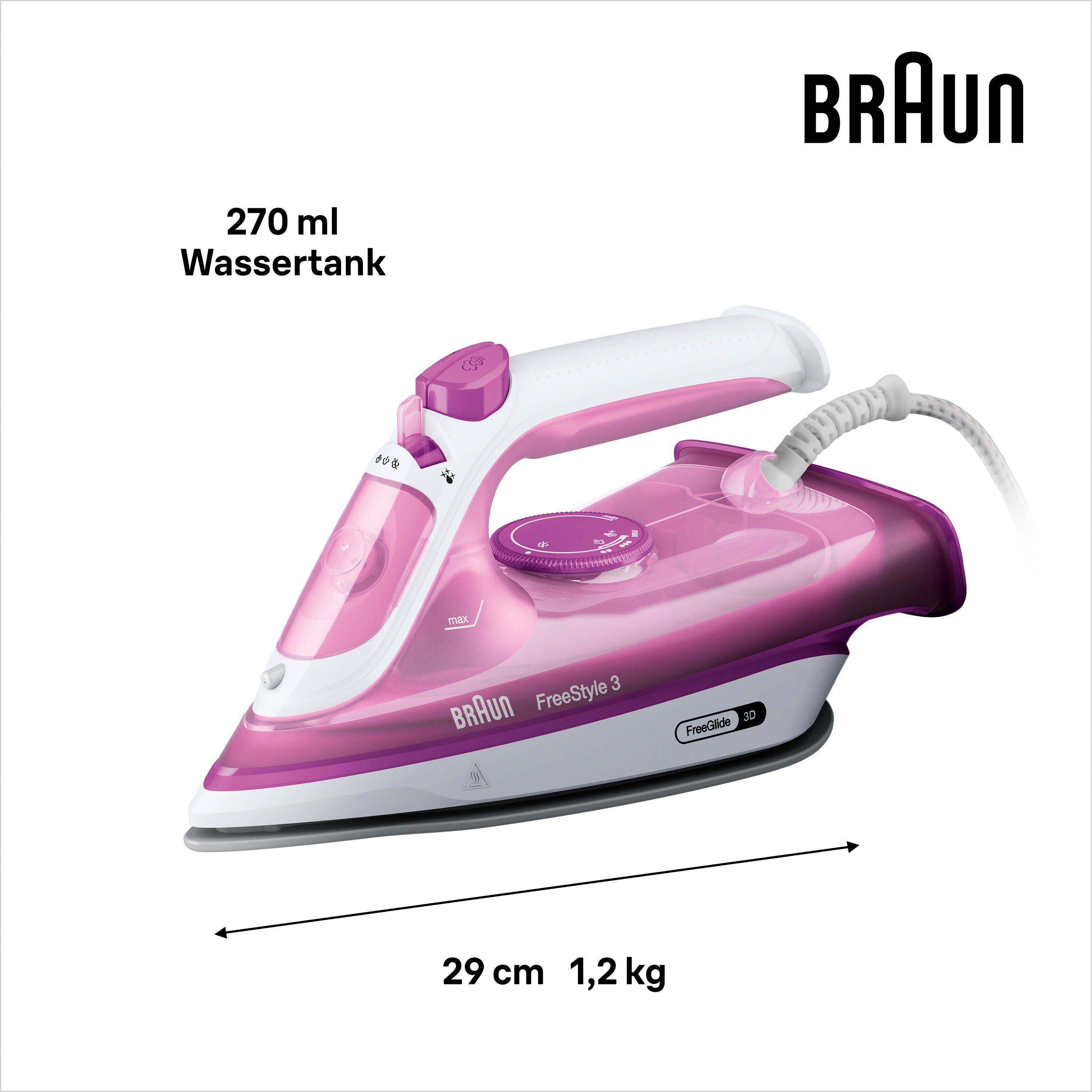 Braun Stoomstrijkijzer Braun FreeStyle 3 FI 3124 PU Dampfbügeleisen Weiß/Lila