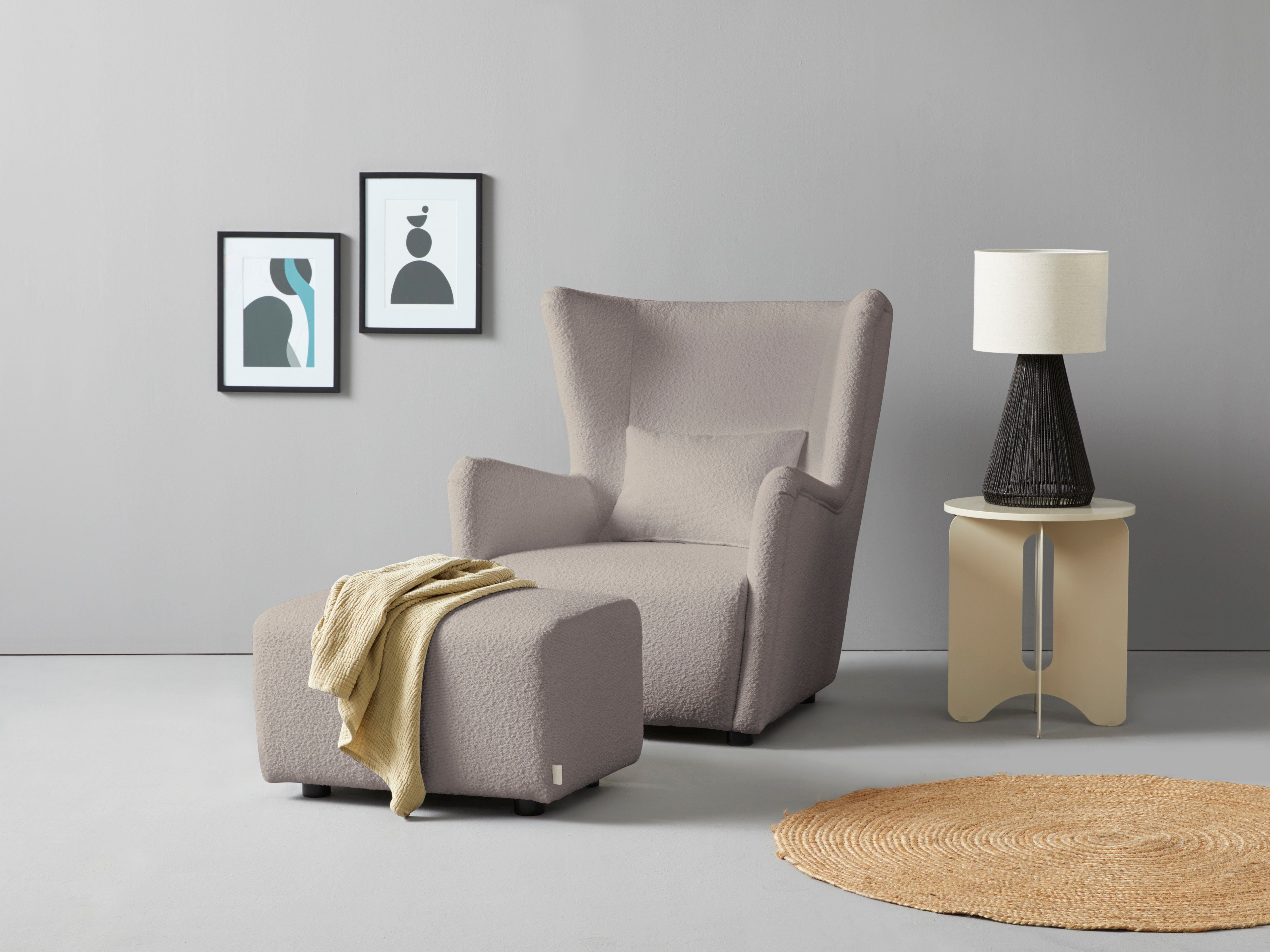 LeGer Home by Lena Gercke Oorfauteuil Levke Stoel naar keuze met of zonder hocker fauteuils maat Bouclé grijs
