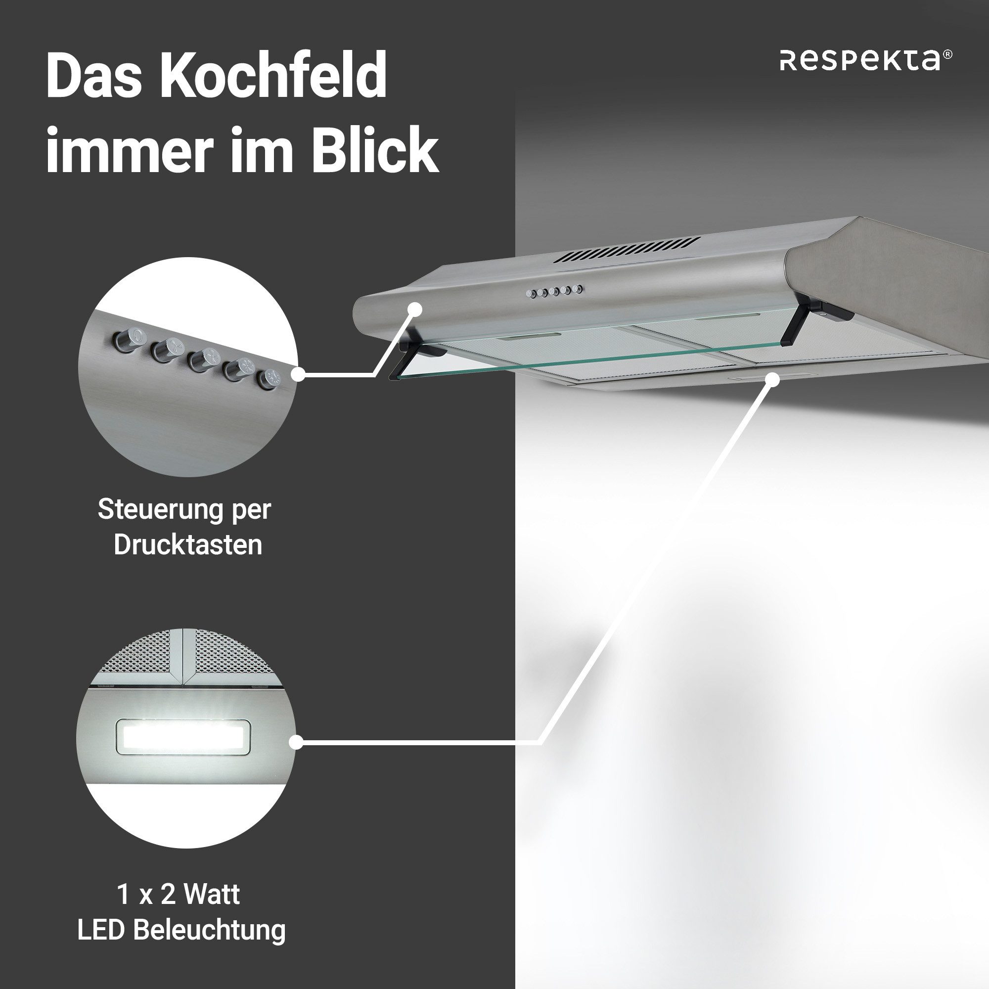 RESPEKTA Onderbouwkap CH 1259 IXC N 60 cm, 3 vermogensniveaus, led-verlichting, geschikt voor afzuiging en recirculatie