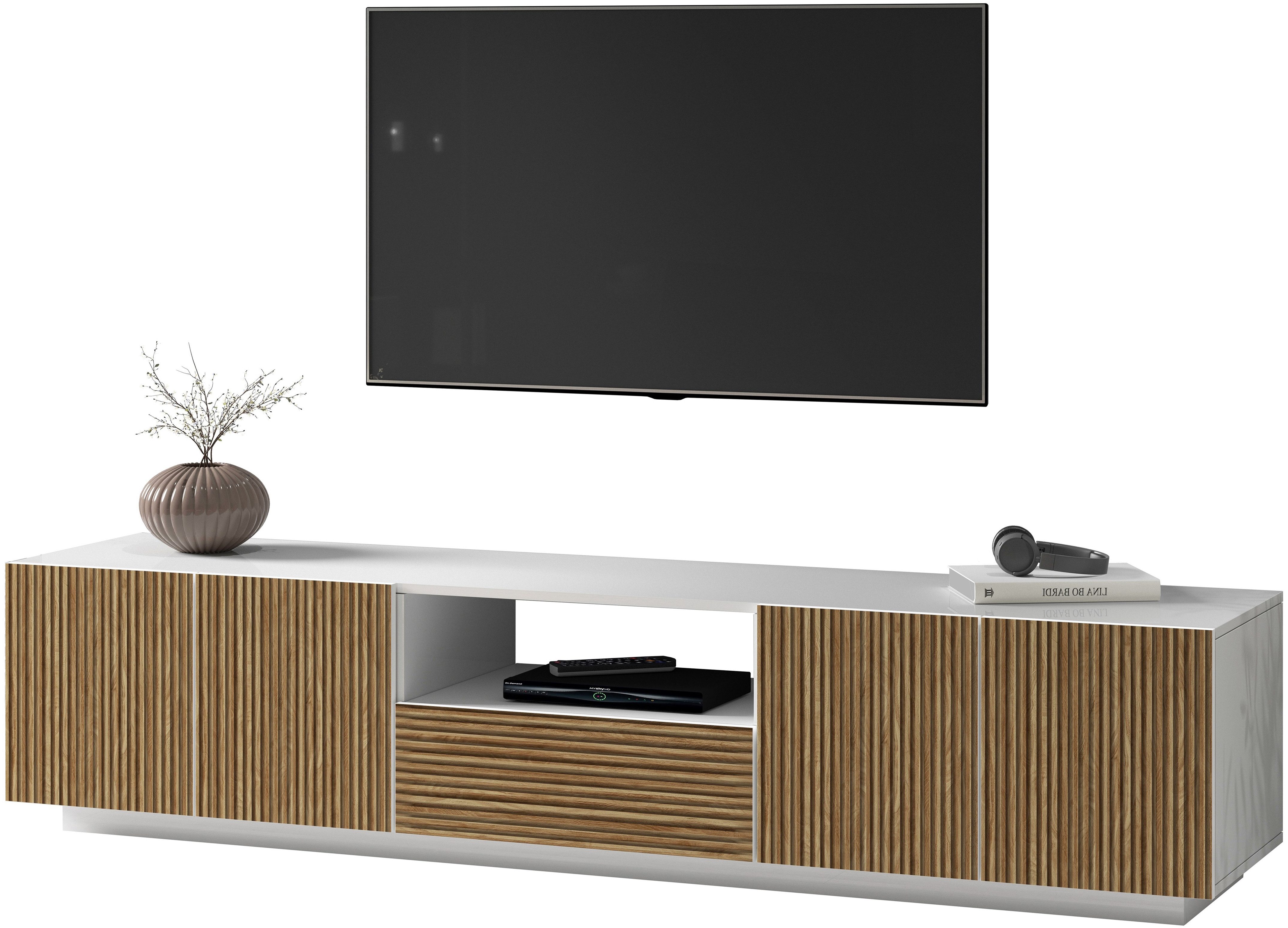 INOSIGN Tv-meubel Vega, Lowboard, TV-meubel, TV-kast, 220 cm met 4 deuren en 1 lade, fronten met groeflook