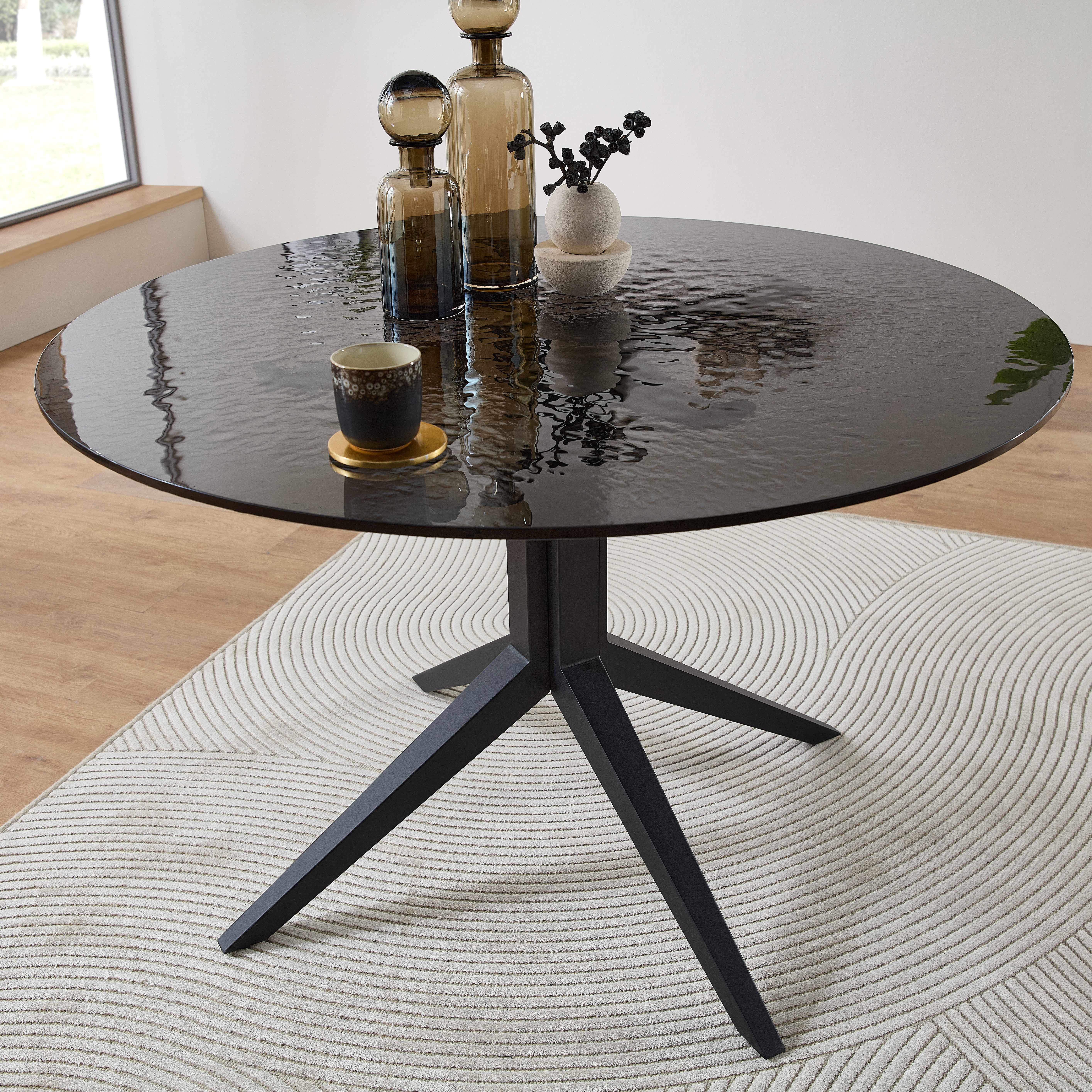 Stolkom Eettafel Leano ronde glazen tafel zwart, eettafel BxH 110x76 cm Veiligheidsglas breukveilig, water ripple effect zwart getint
