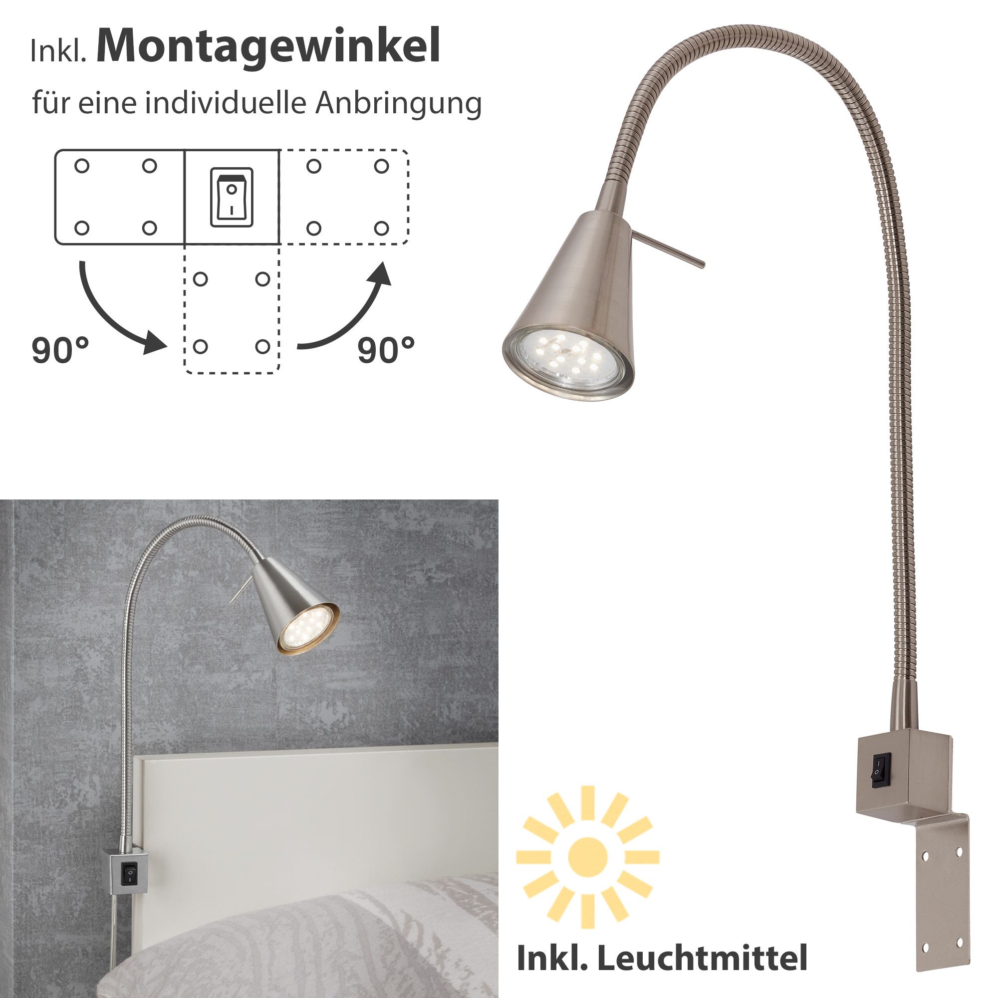 Briloner Leuchten Led-wandlamp 2-pack LED bedlamp slaapkamer woonkamer mat-nikkel