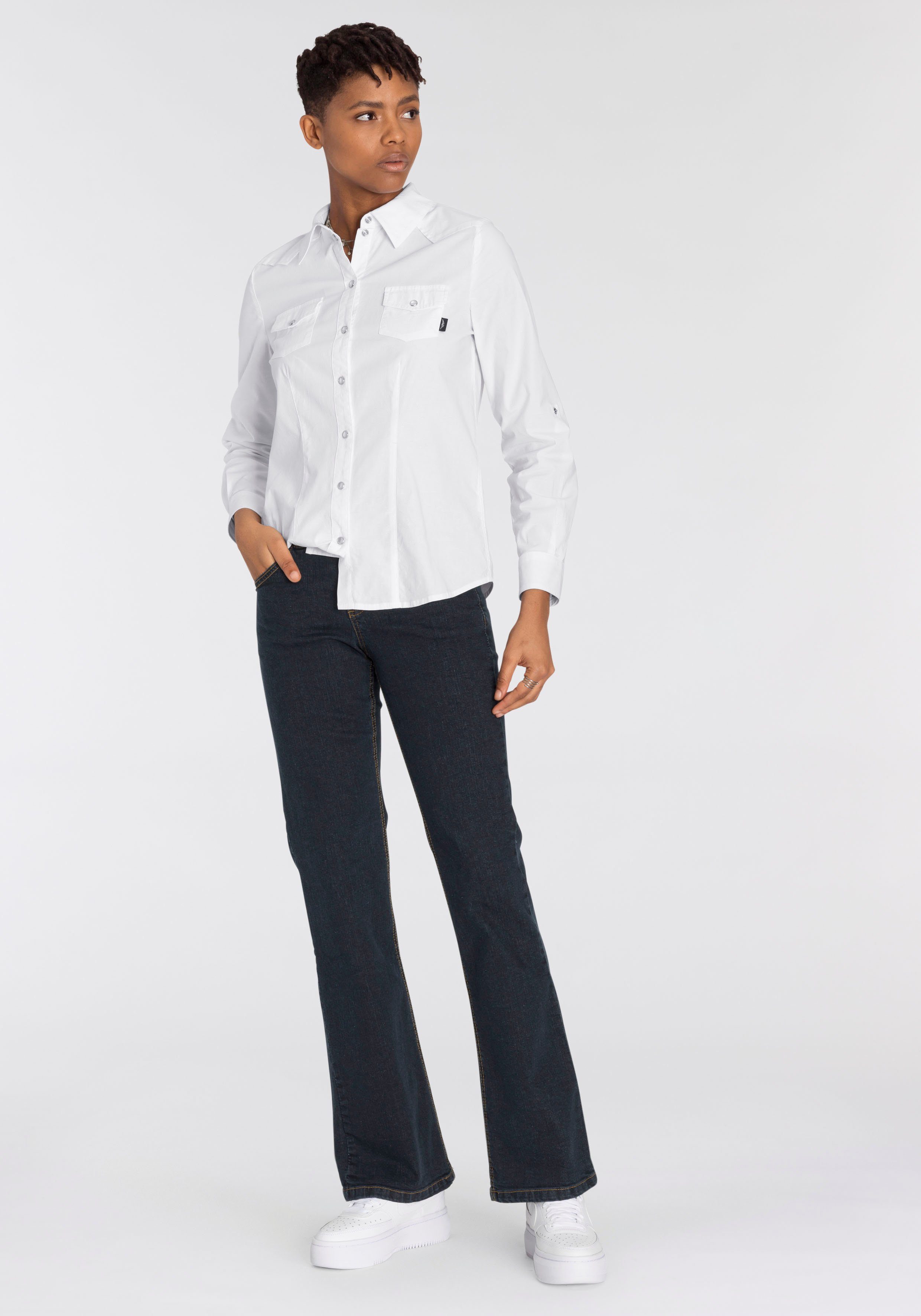 Arizona Bootcut jeans Tailleband met zij-elastiek inzet hoge taille, bootcut, met stretch, klassieke 5-pocket-stijl