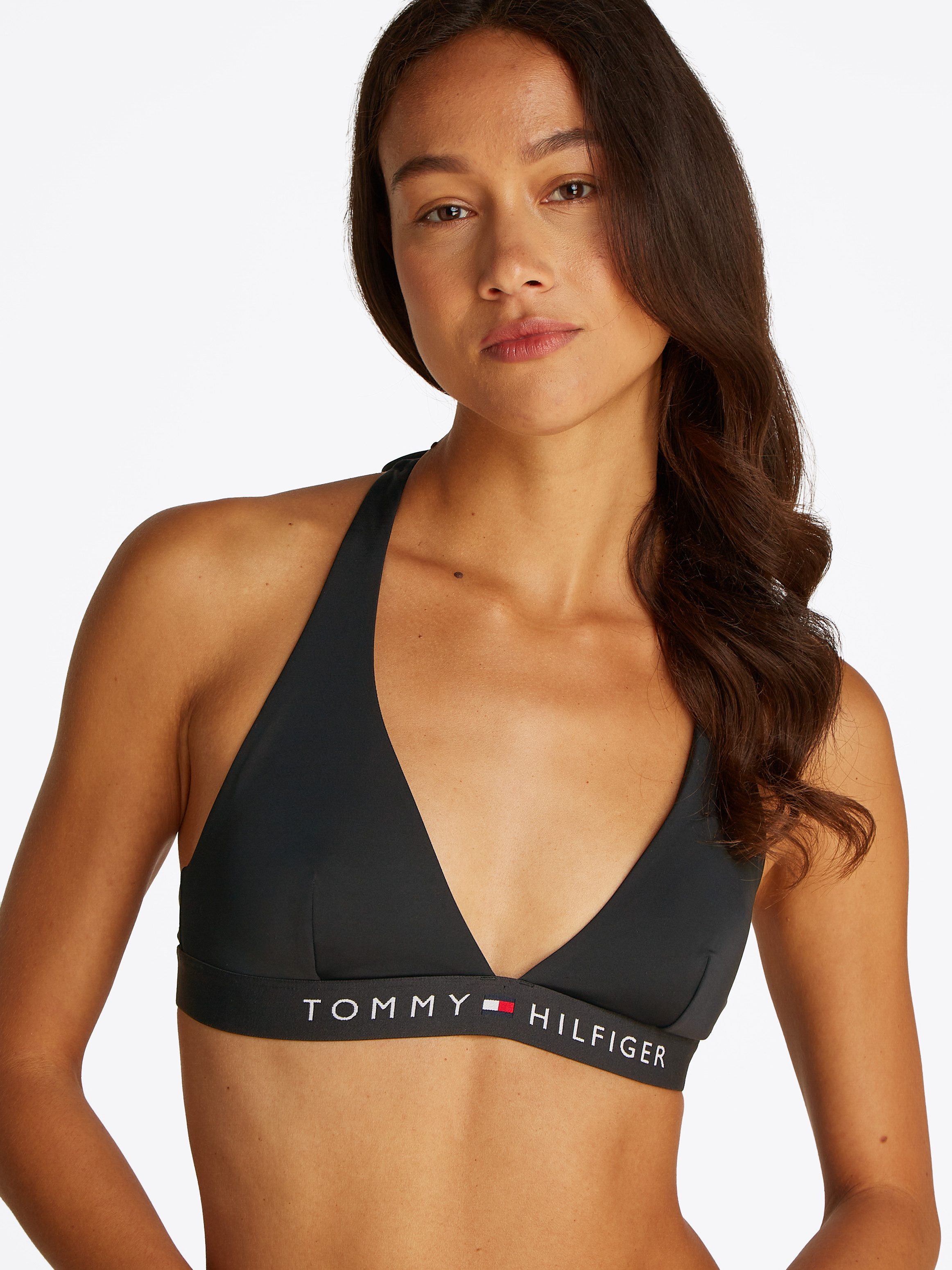 Tommy Hilfiger Swimwear Triangel-bikinitop HALTER RP met logo-opdruk, met druksluiting dames triangelbikini's maat L (40) zwart