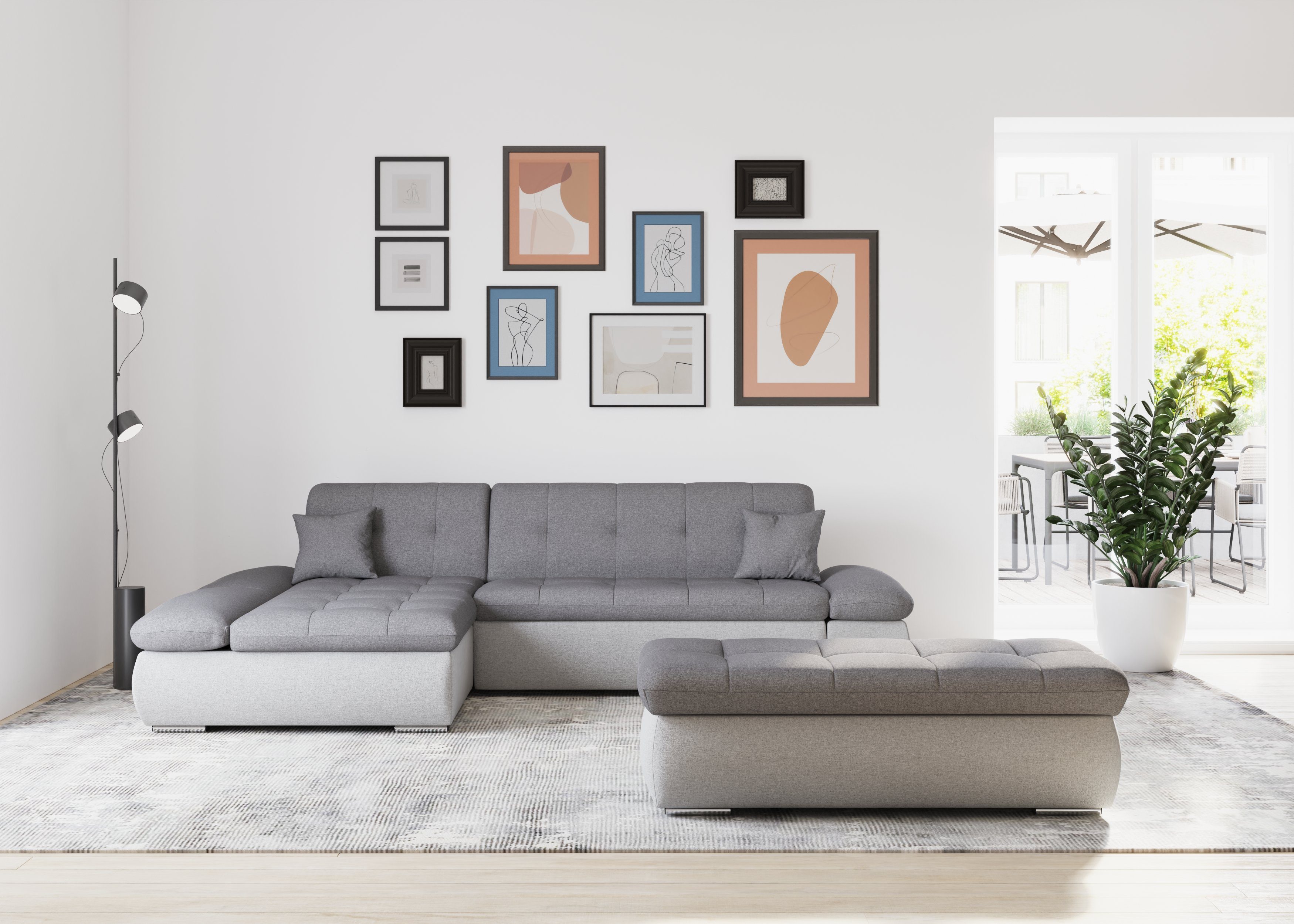 DOMO collection Hoekbank Moric, L-vorm, XXL-bank - Breedte 300cm keuze met bedfunctie en armleuningverstelling, donkergroen