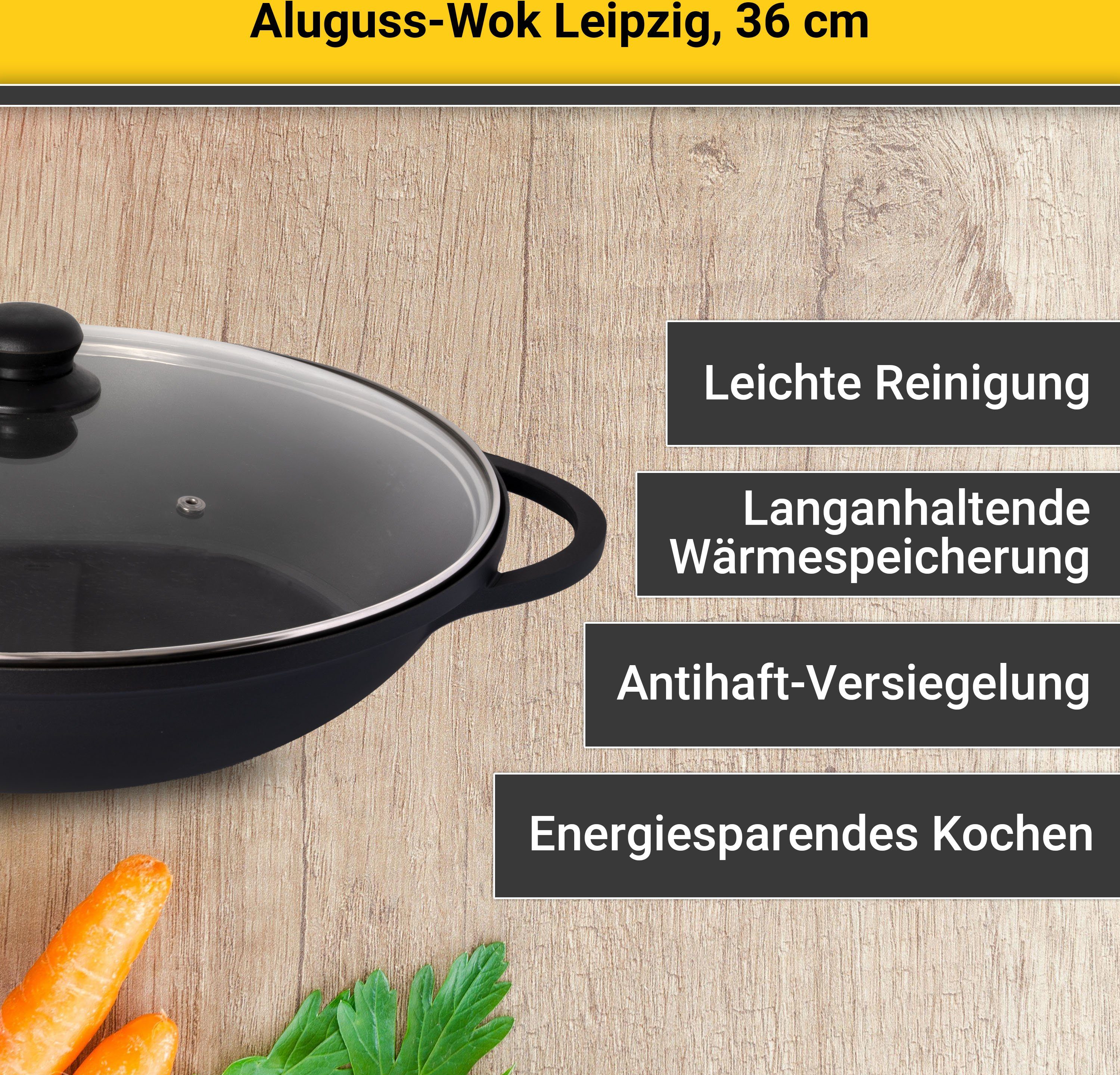 Krüger Wok Alugiet wok met glazen deksel LEIPZIG, 36 cm (1-delig)