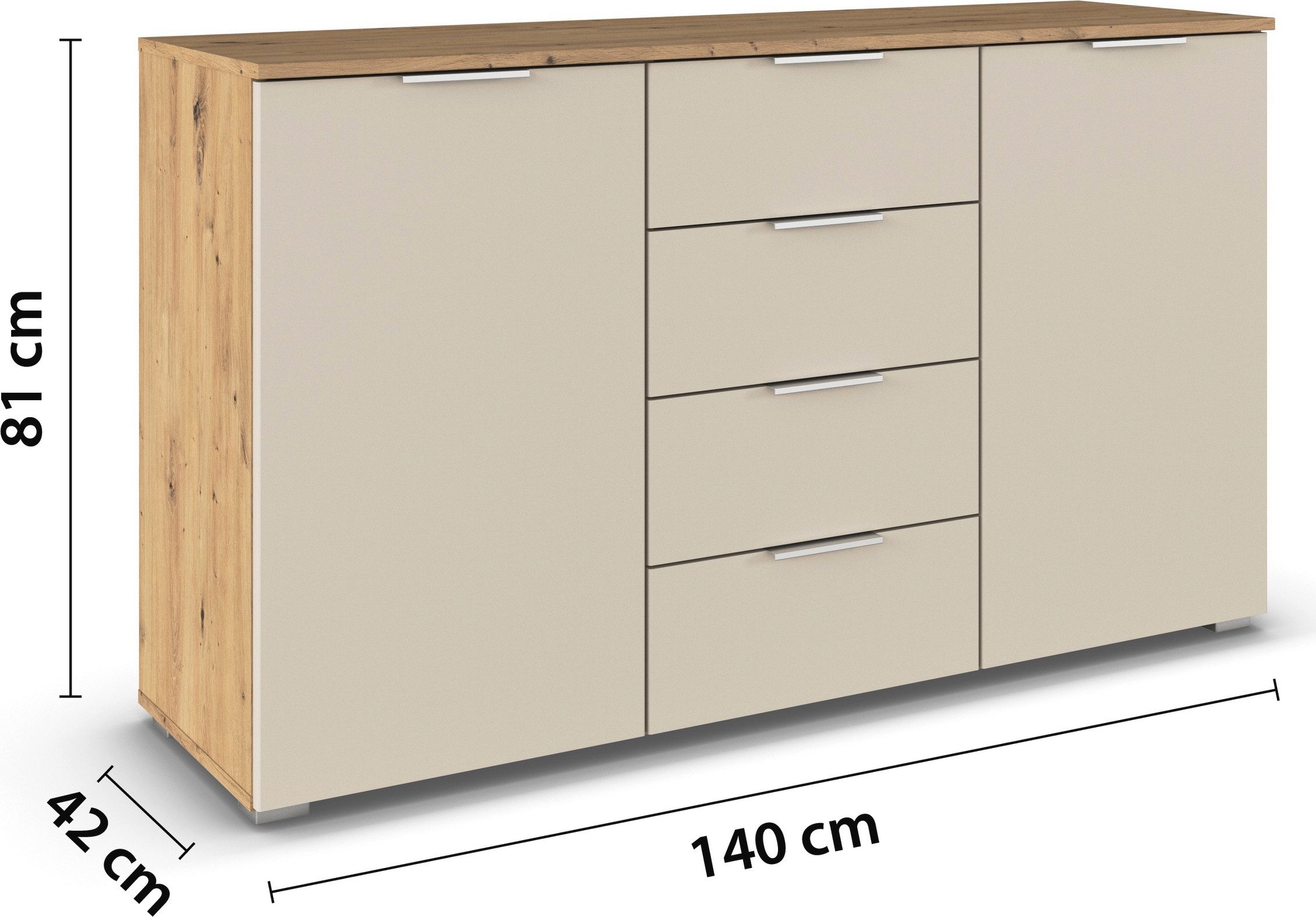 rauch Kast met laden en deuren Sideboard AGORDO met decor- of hoogglansfront met 4 lades en 2 deuren en metalen grepen made in germany