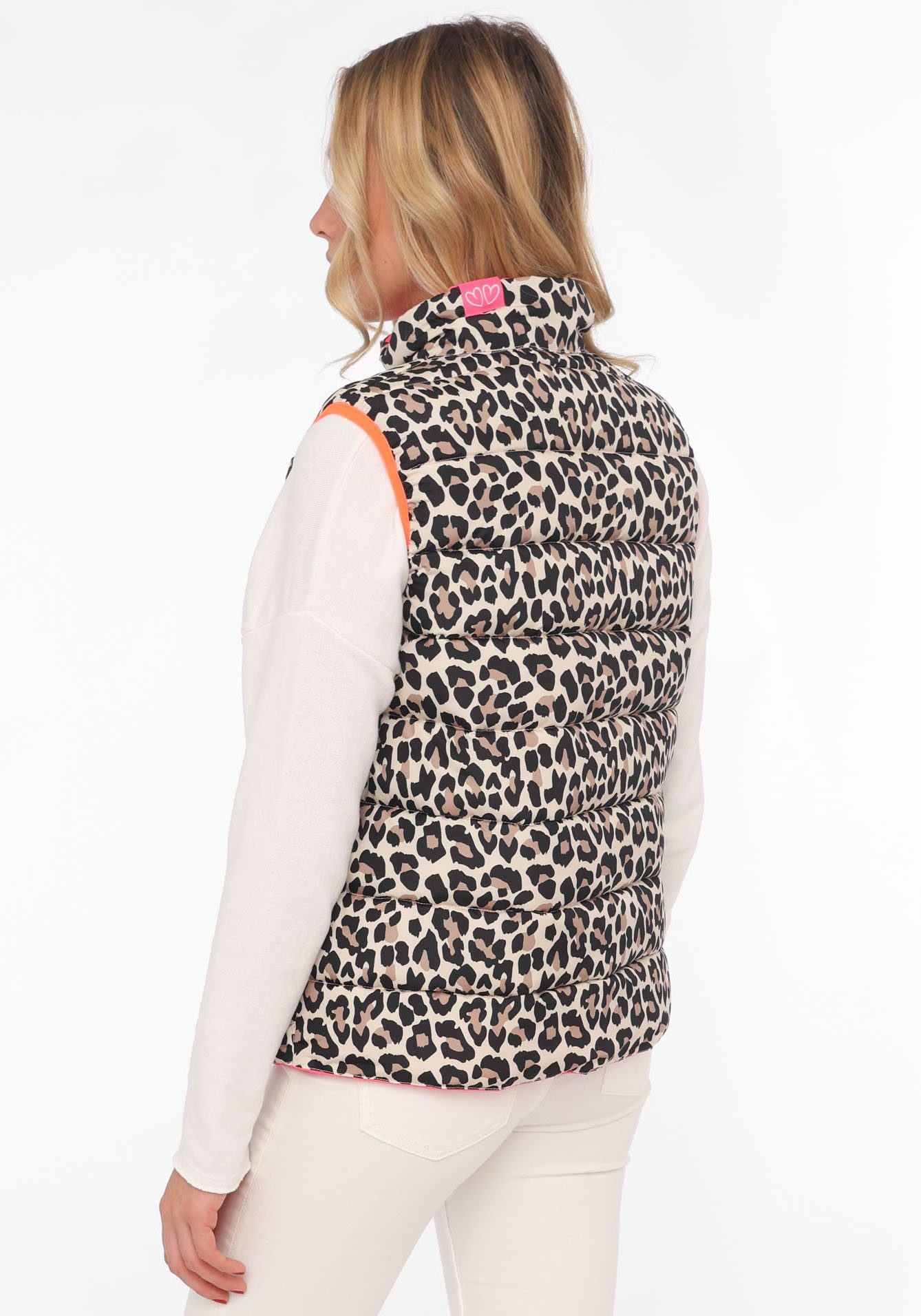 Zwillingsherz Reversible-gilet Omkeerbaar vest kort "Leo" twee keer te dragen met luipaardprint, staande kraag en zakken