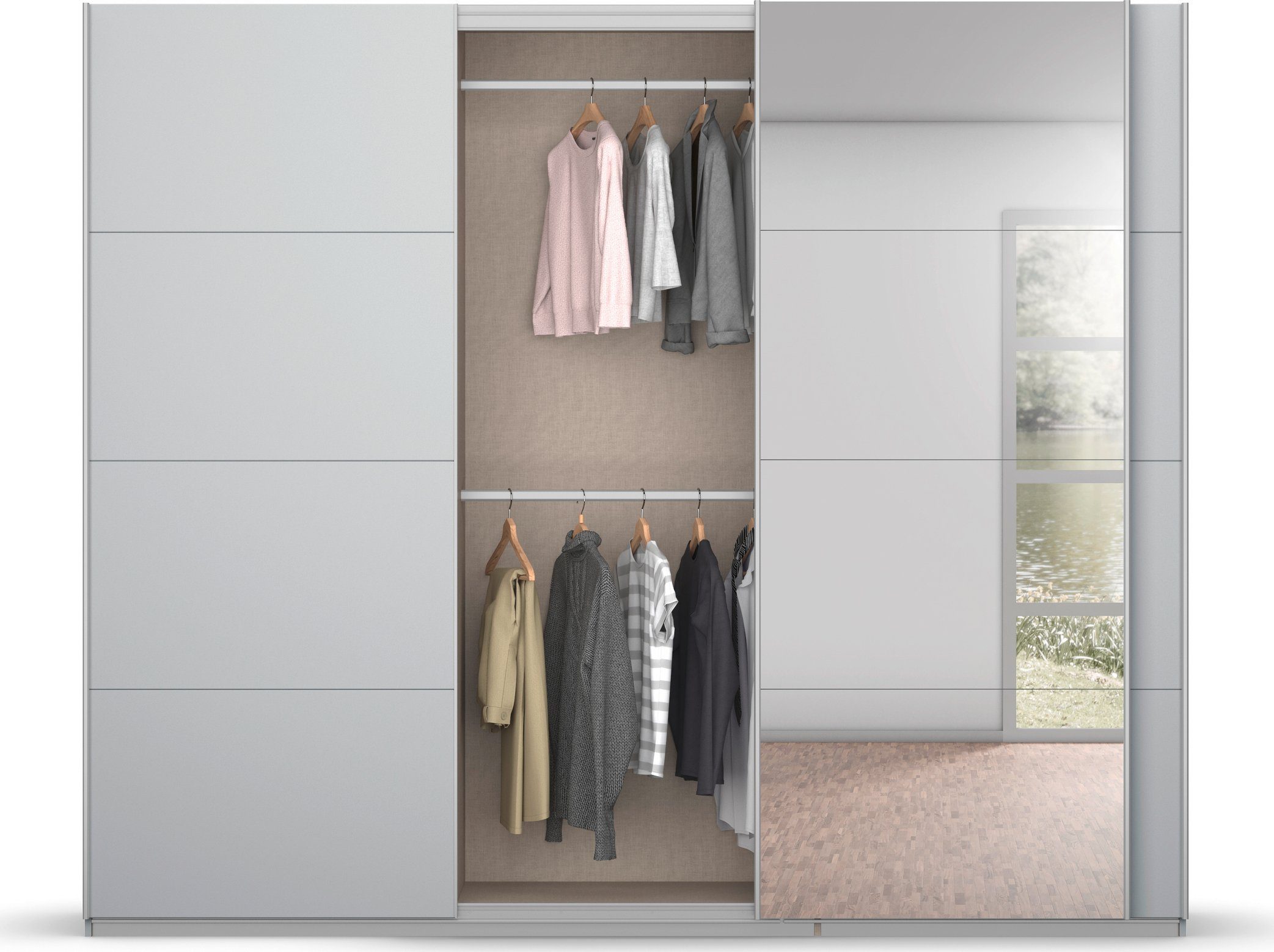 rauch Zweefdeurkast Kledingkast kast garderobe BESTSELLER KOLUNA met spiegel inclusief 2 binnenladen en extra legplanken made in germany