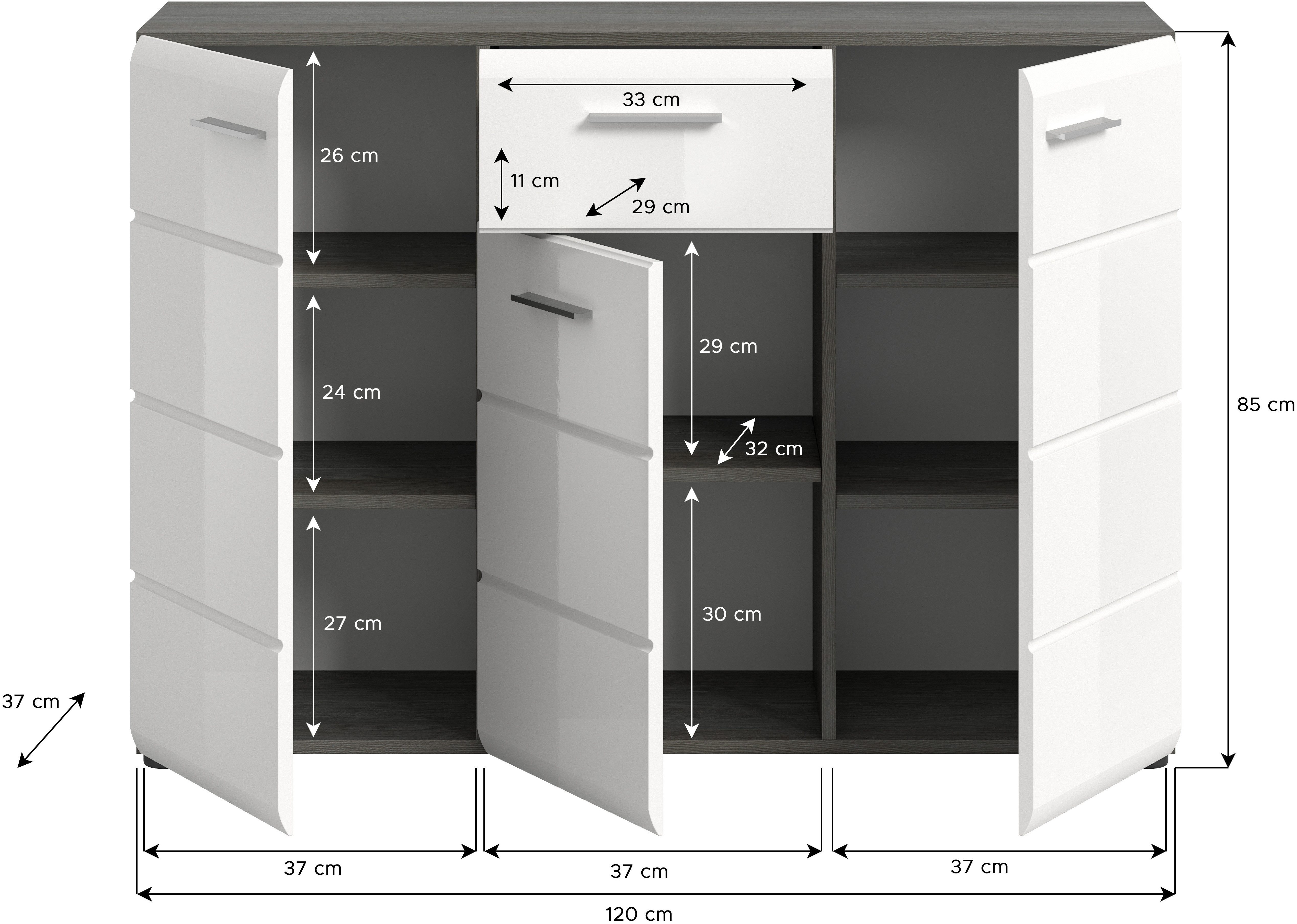 INOSIGN Dressoir Rumba, Breedte 120cm, in Rookzilverkleur nabootsing/Wit Hoogglans