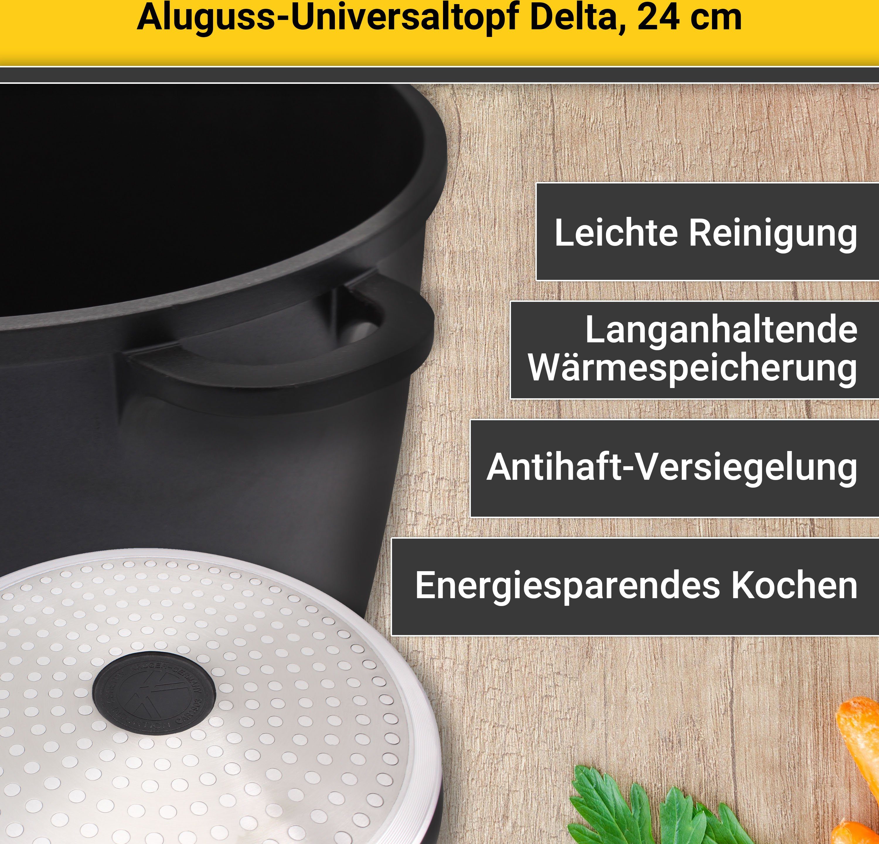 Krüger Kookpan Gietaluminium universele pan met glazen deksel delta, 24 cm