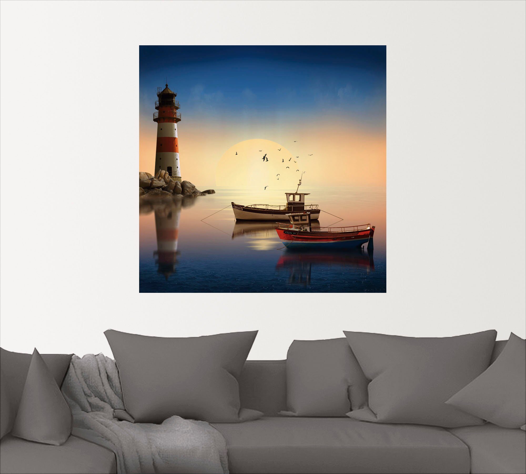 Artland Artprint Kleine haven met vuurtoren als artprint op linnen, muursticker in verschillende maten