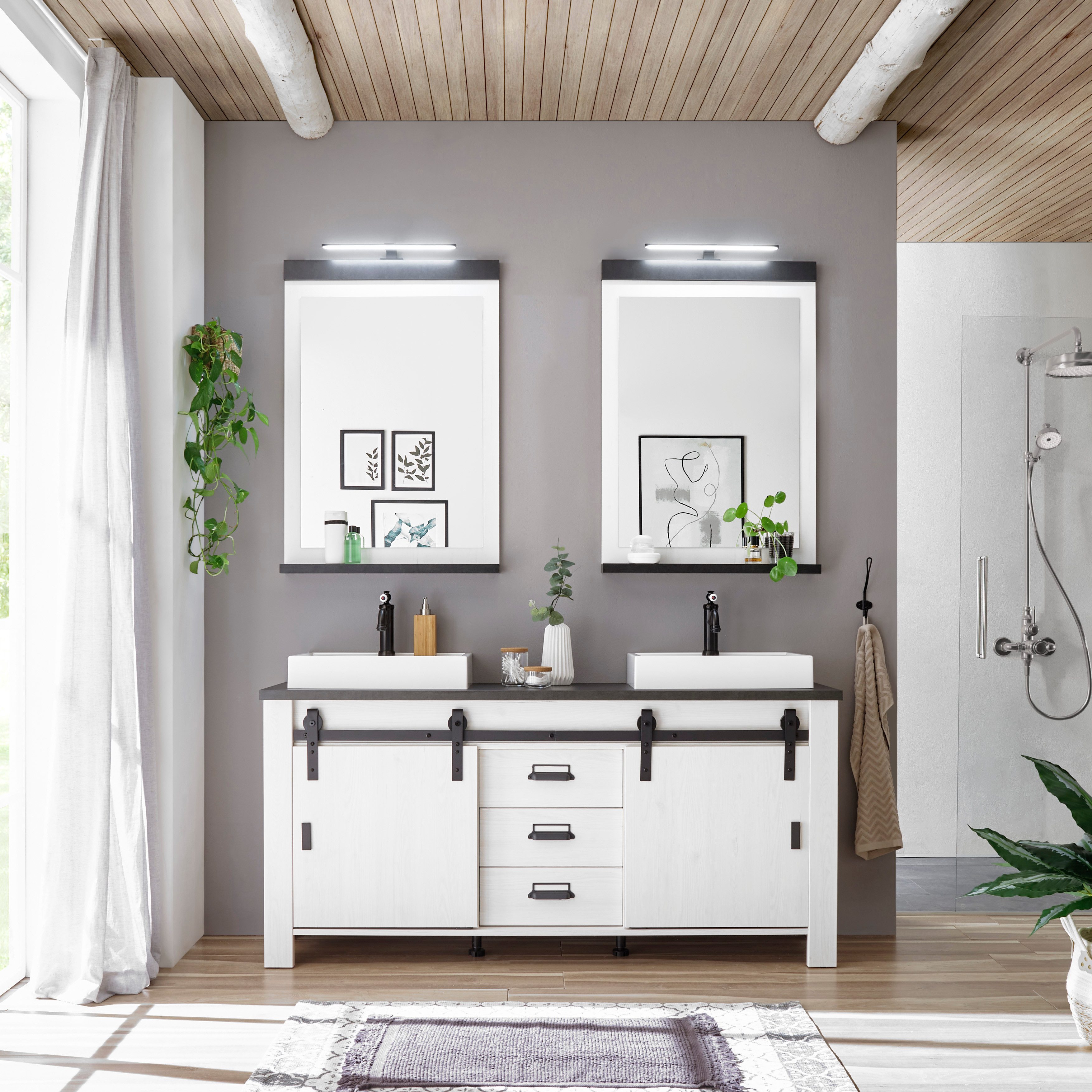 Home affaire Badkamerserie SHERWOOD, Bad im modernen Design, 3-teiliges Badezimmer in houtdecor, met schuurdeurbeslag en apothekersgrepen van metaal (3-delig)
