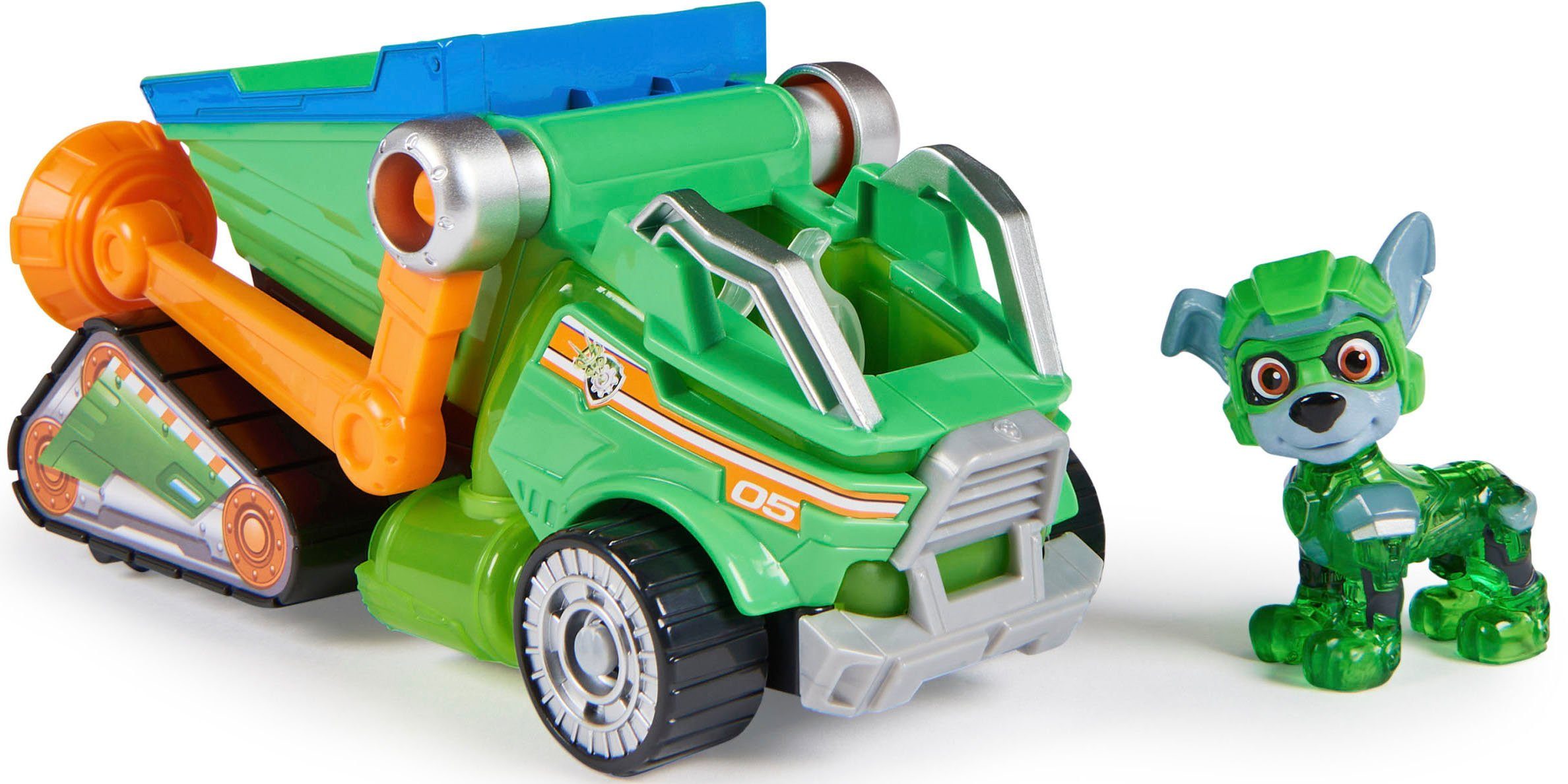 Spin Master Speelgoedauto Paw Patrol - Movie II - Basic Themed Vehicles Rocky Vuilnisauto met puppyfiguur, licht- en geluidseffect