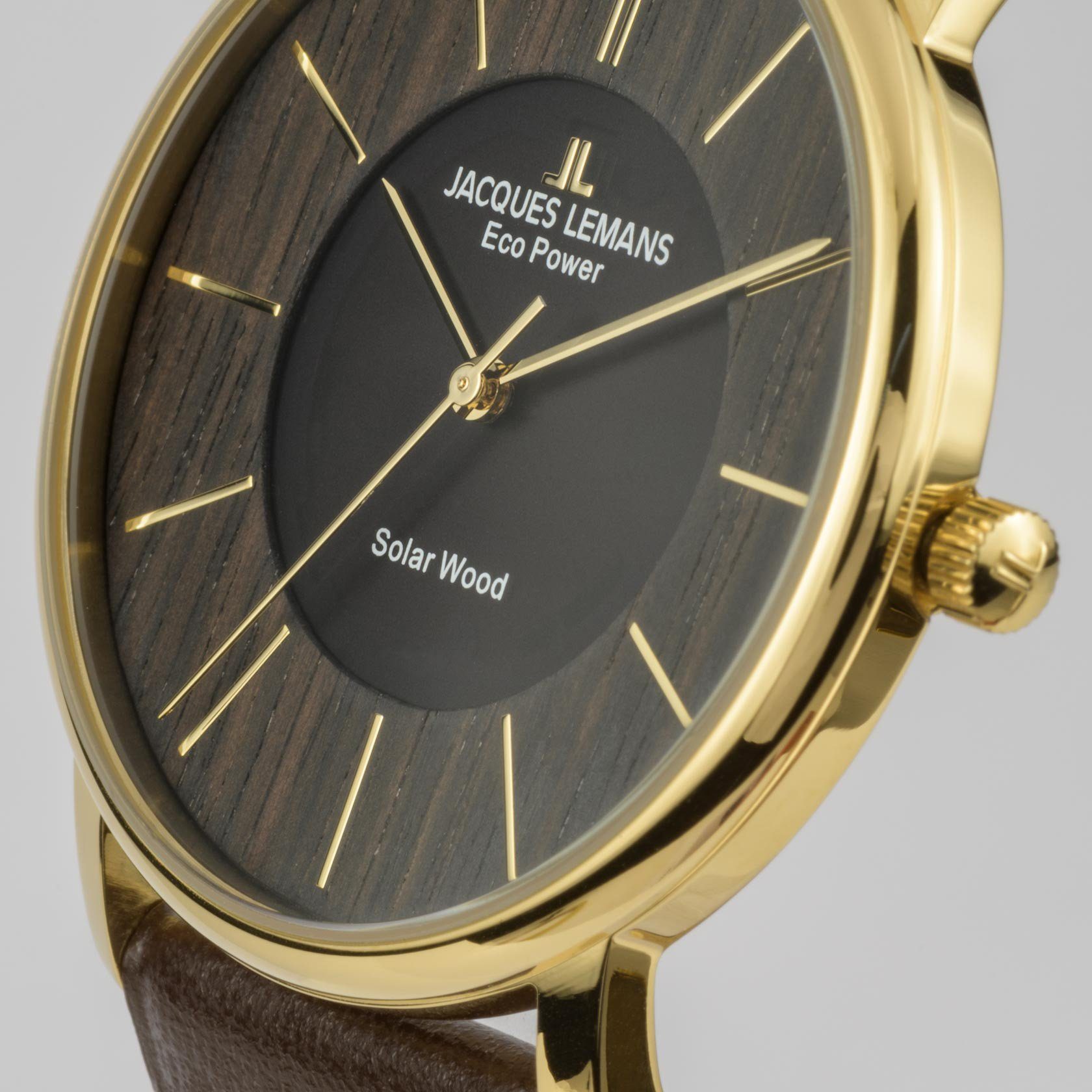 Jacques Lemans Solarhorloge Eco Power Solar Wood, 1-2105B Horloge, houten wijzerplaat, band van vegan appel-leder
