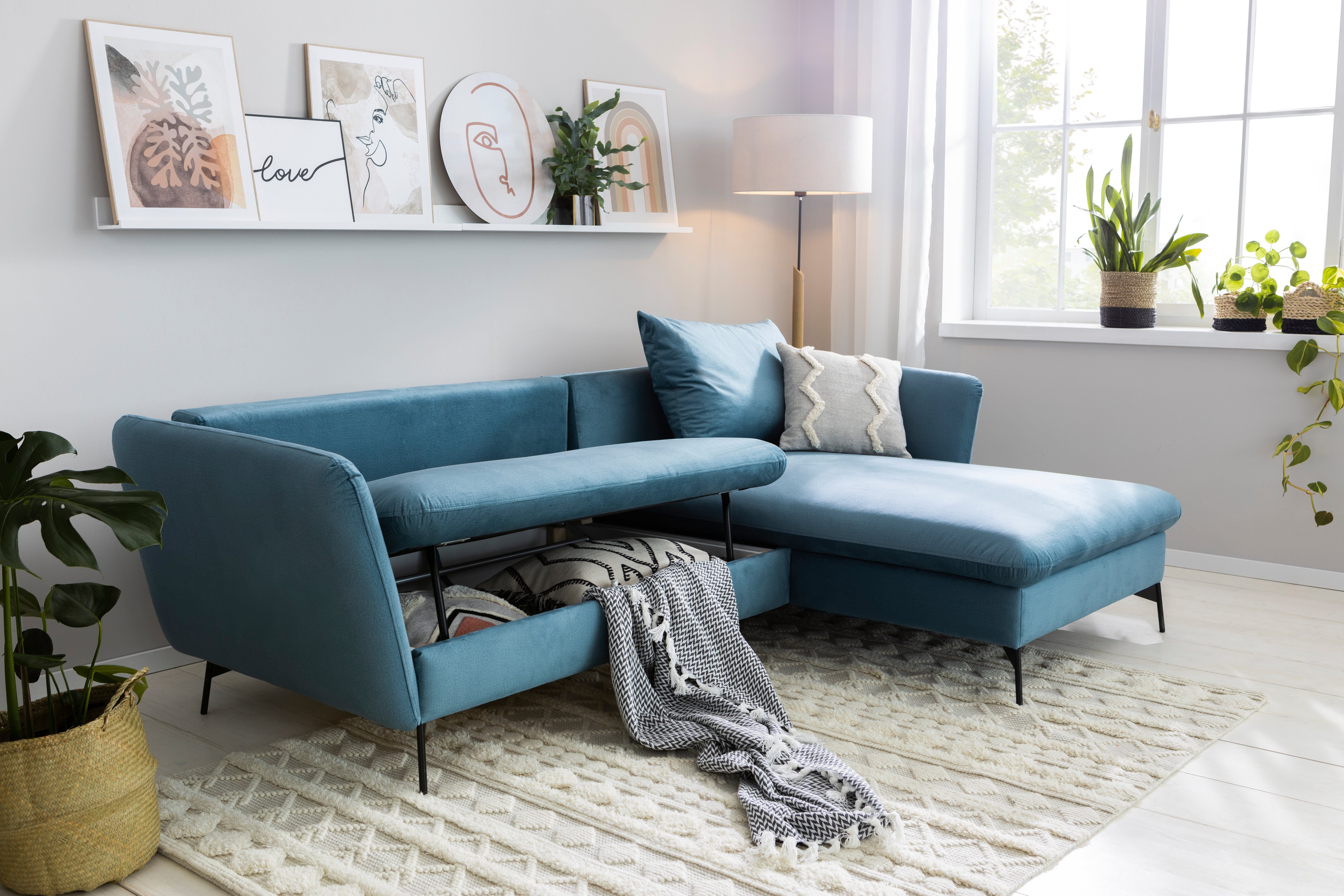 andas Hoekbank LIVORNO,258 cm, L-model, Slaapfunctie en bedlade (139/224 cm), fluweel, structuur, geweven stof