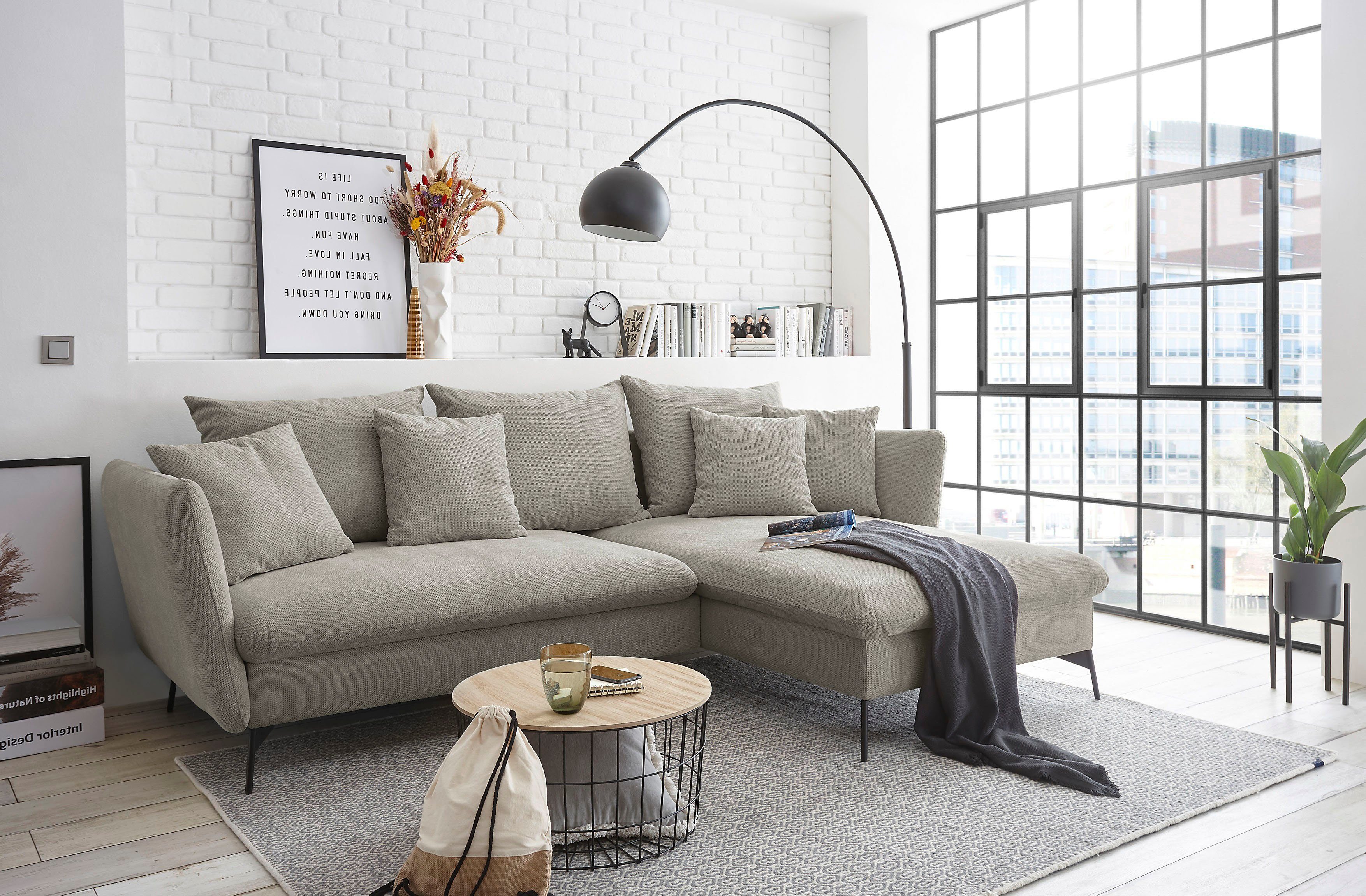 andas Hoekbank LIVORNO,258 cm, L-model, Slaapfunctie en bedlade (139/224 cm), fluweel, structuur, geweven stof