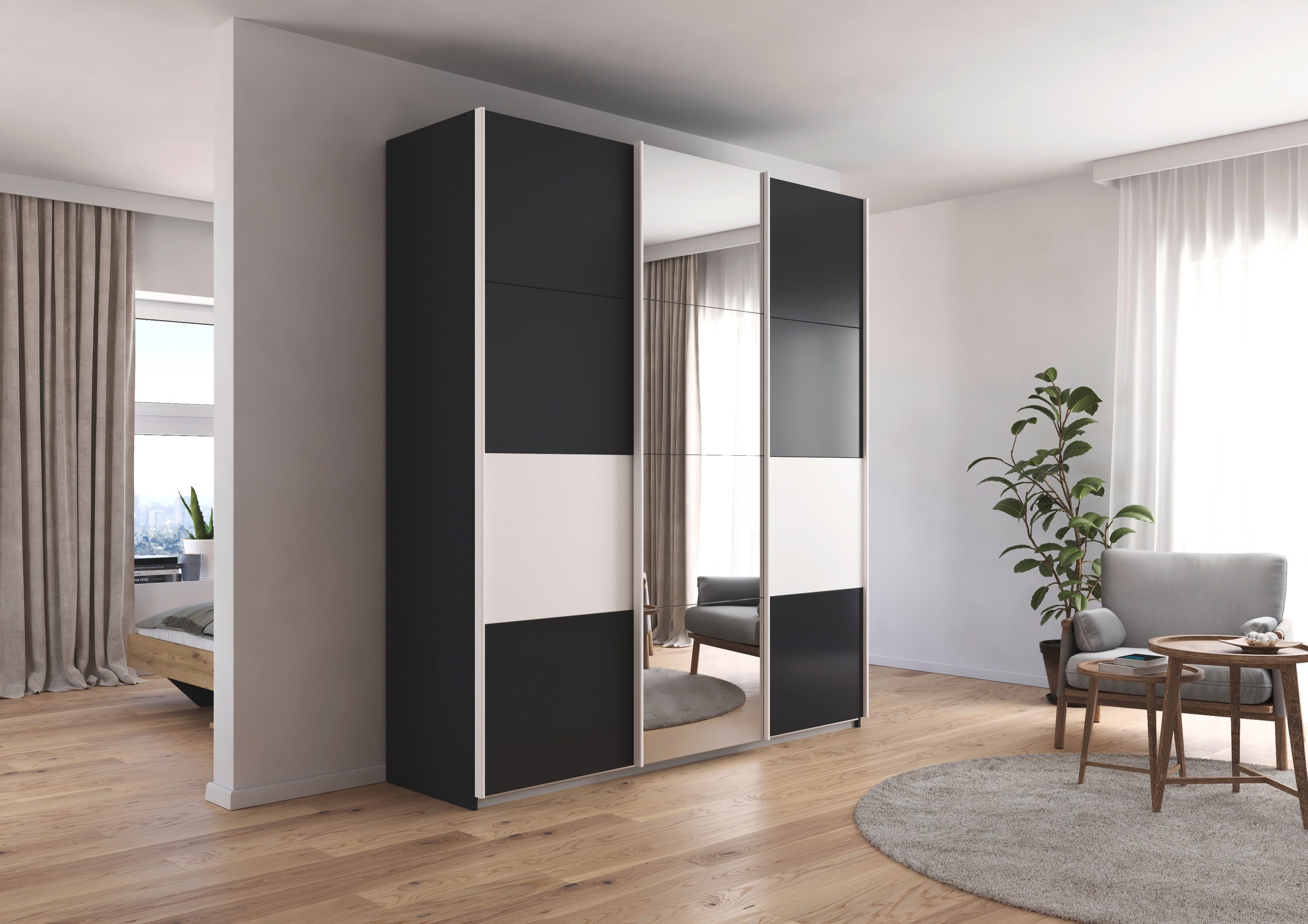 rauch Schuifdeurkast Kledingkast Kast Garderobe CORTONA inclusief indeling, 2 stoffen dozen en extra planken