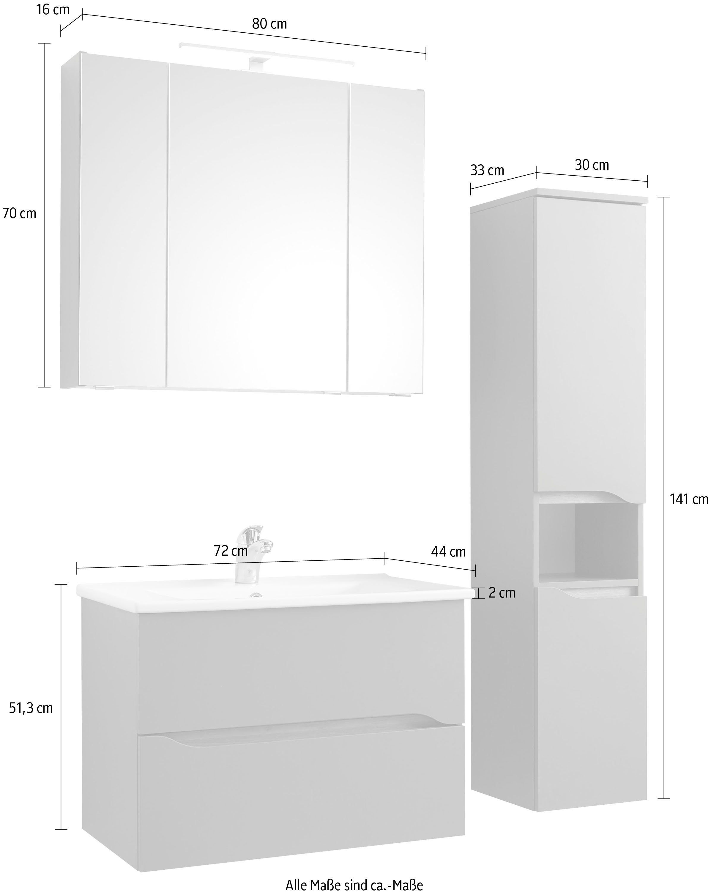 Saphir Badkamerserie Quickset 3-delig, keramische wastafel met LED-spiegelkast Halfhoge kast, inclusief deurdemper, 2 laden, 5 deuren, 8 planken (3-delig)
