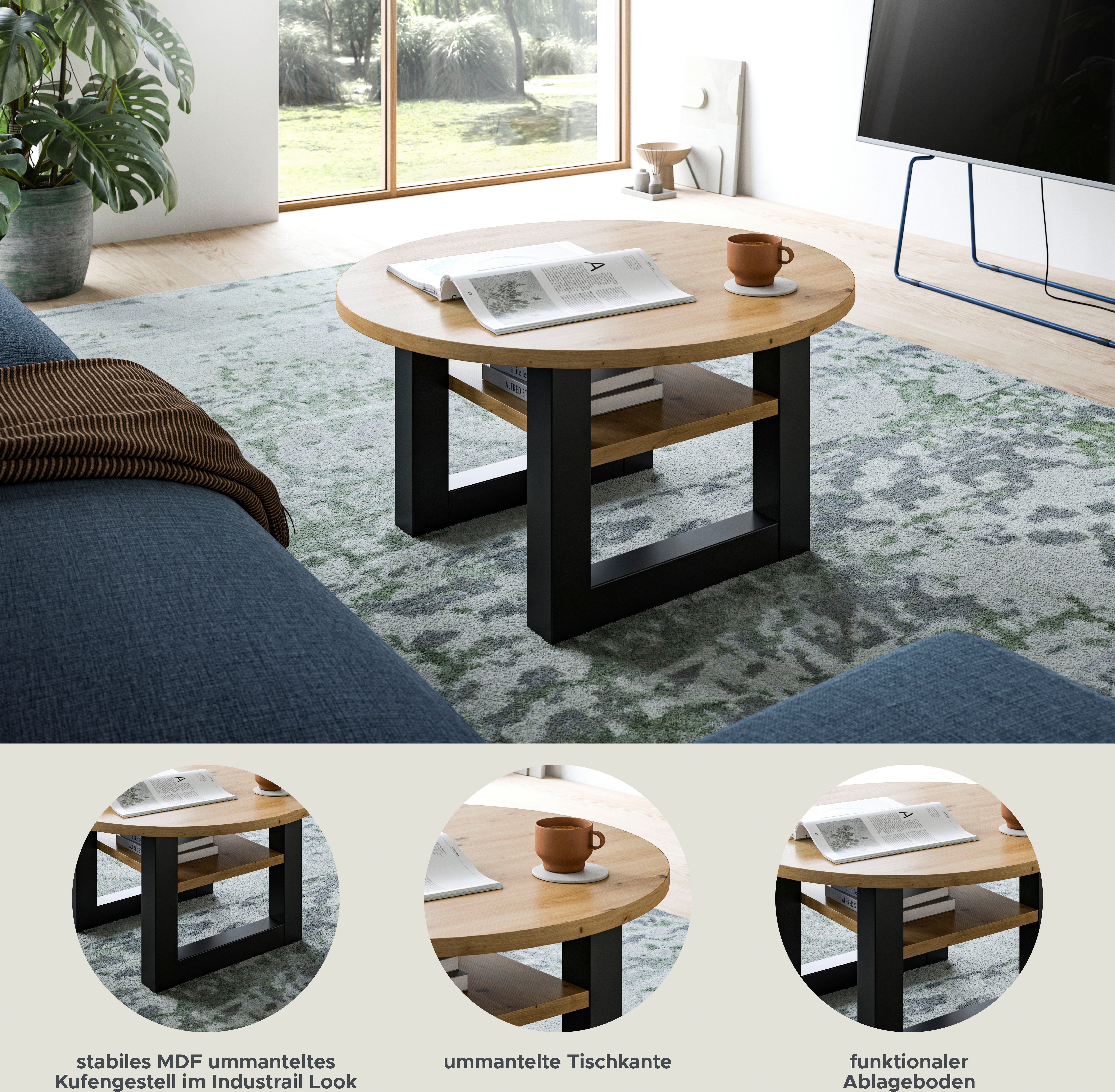 INOSIGN Salontafel Rail, Ø 75 cm, met onderblad, inclusief sledeframe