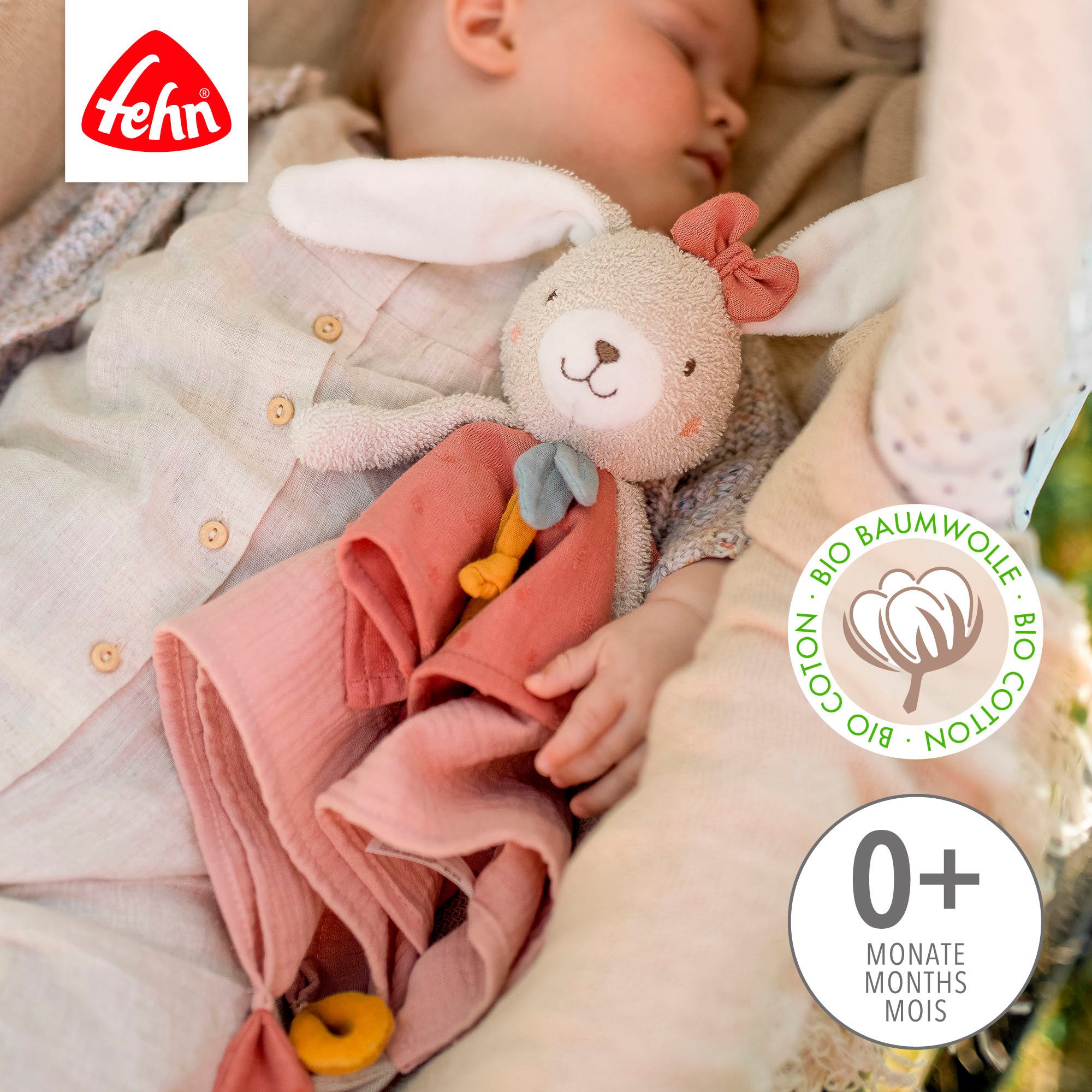 Fehn Knuffeldoek FehnNATUR, konijn met bevestigingsring voor speen