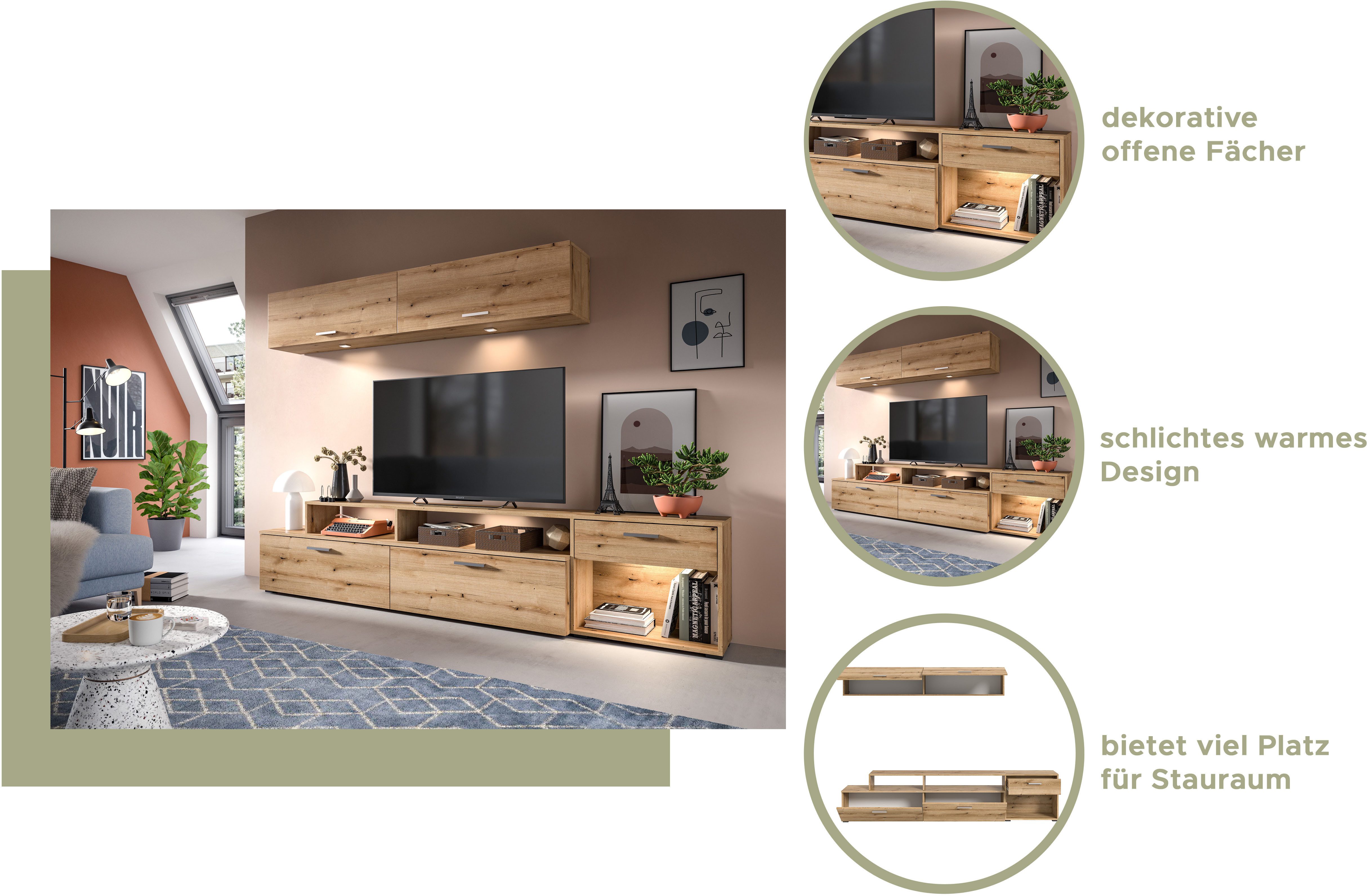 INOSIGN Wandmeubel Rotu, Breedte 247 cm, bestaand uit: Lowboard en Hangkast